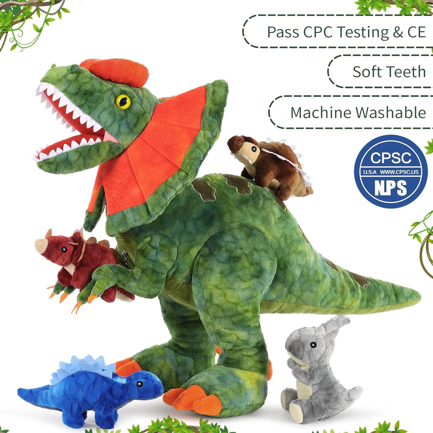 MorisMos Dinosaur Stuffed Animal with Babies,18'' Giant Mommy Stuffed Dinosaur Plush with 4 Baby Dinosaur Stuffed Toys Inside Belly,Boy Girl Dinosaur Toys for Kids 3-5,5Pcs Dilophosaurus Dinosaur Set