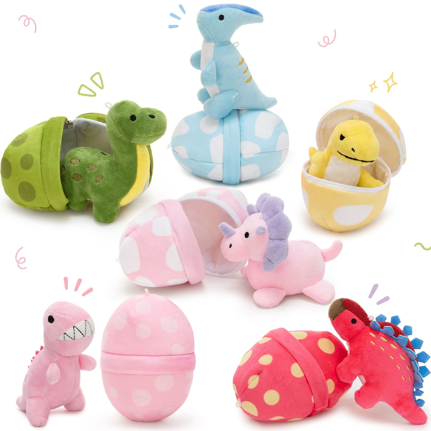 6-pack colorful dinosaur egg plush toy set featuring soft stuffed dinosaurs in removable plush eggs for kids, toddlers, and dinosaur lovers