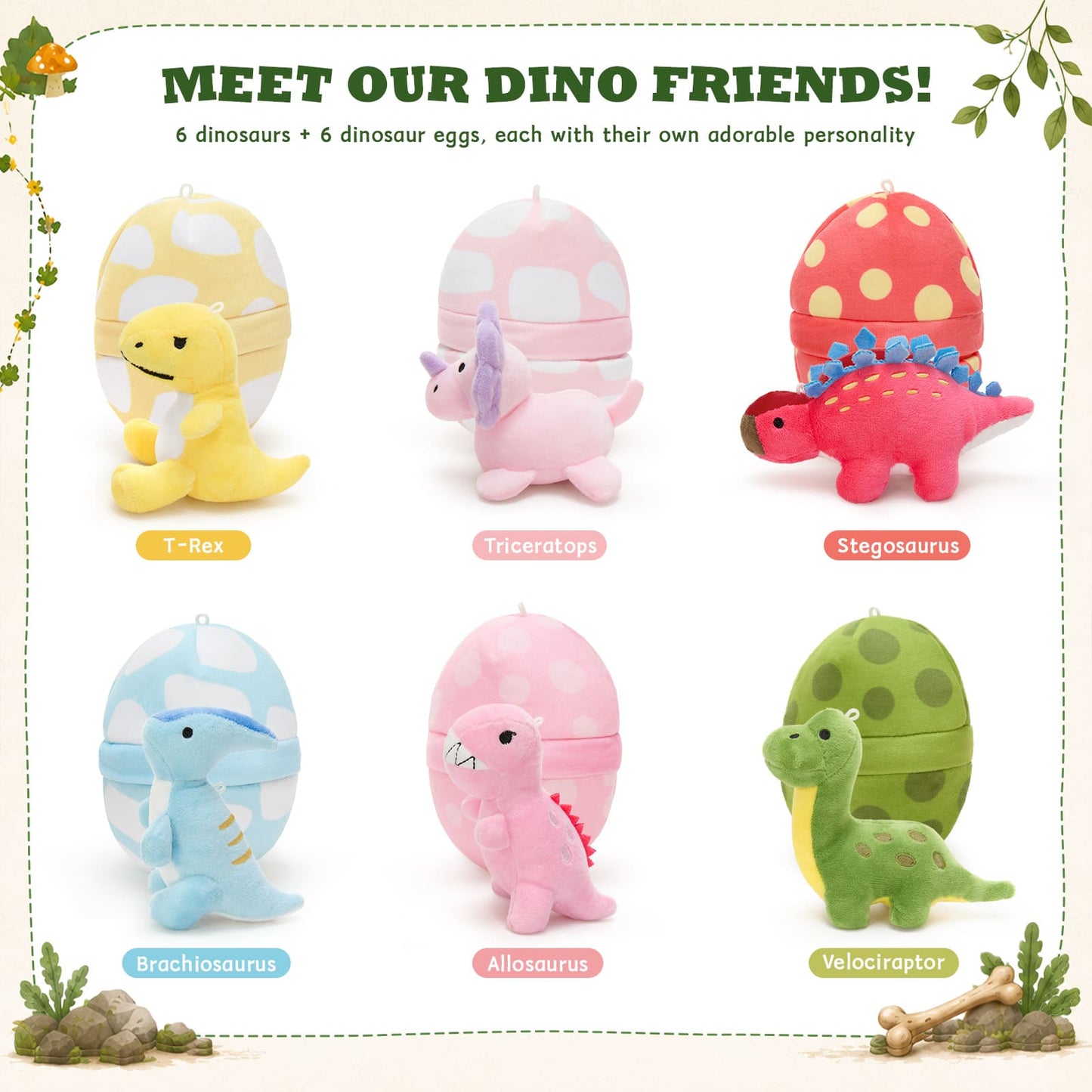 Cute dinosaur plush stuffed animal set with colorful eggs, including T-Rex, Triceratops, Stegosaurus, Brachiosaurus, Allosaurus, and Velociraptor