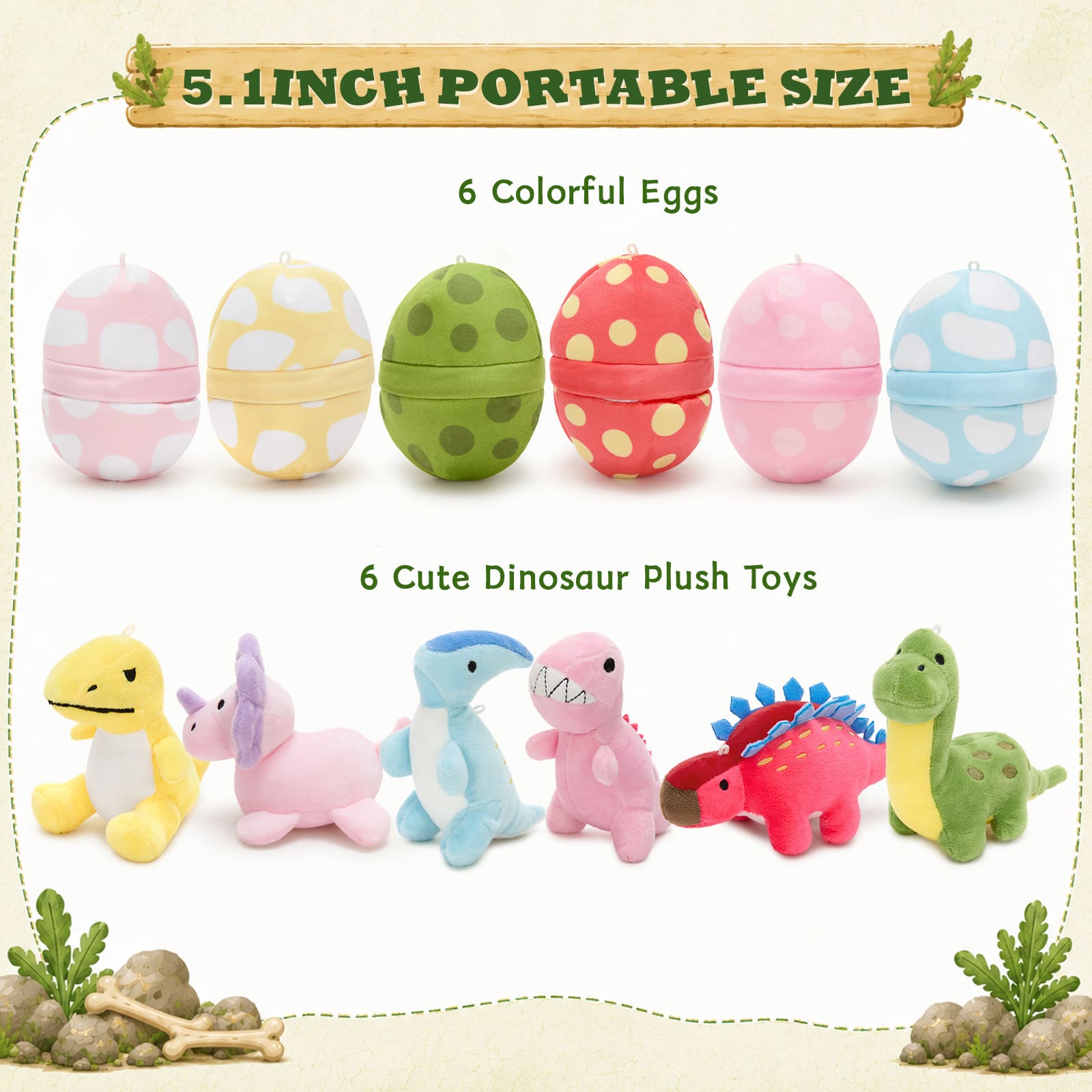 6-Pack Dinosaur Egg Plush Toy Set with Colorful Eggs for Kids