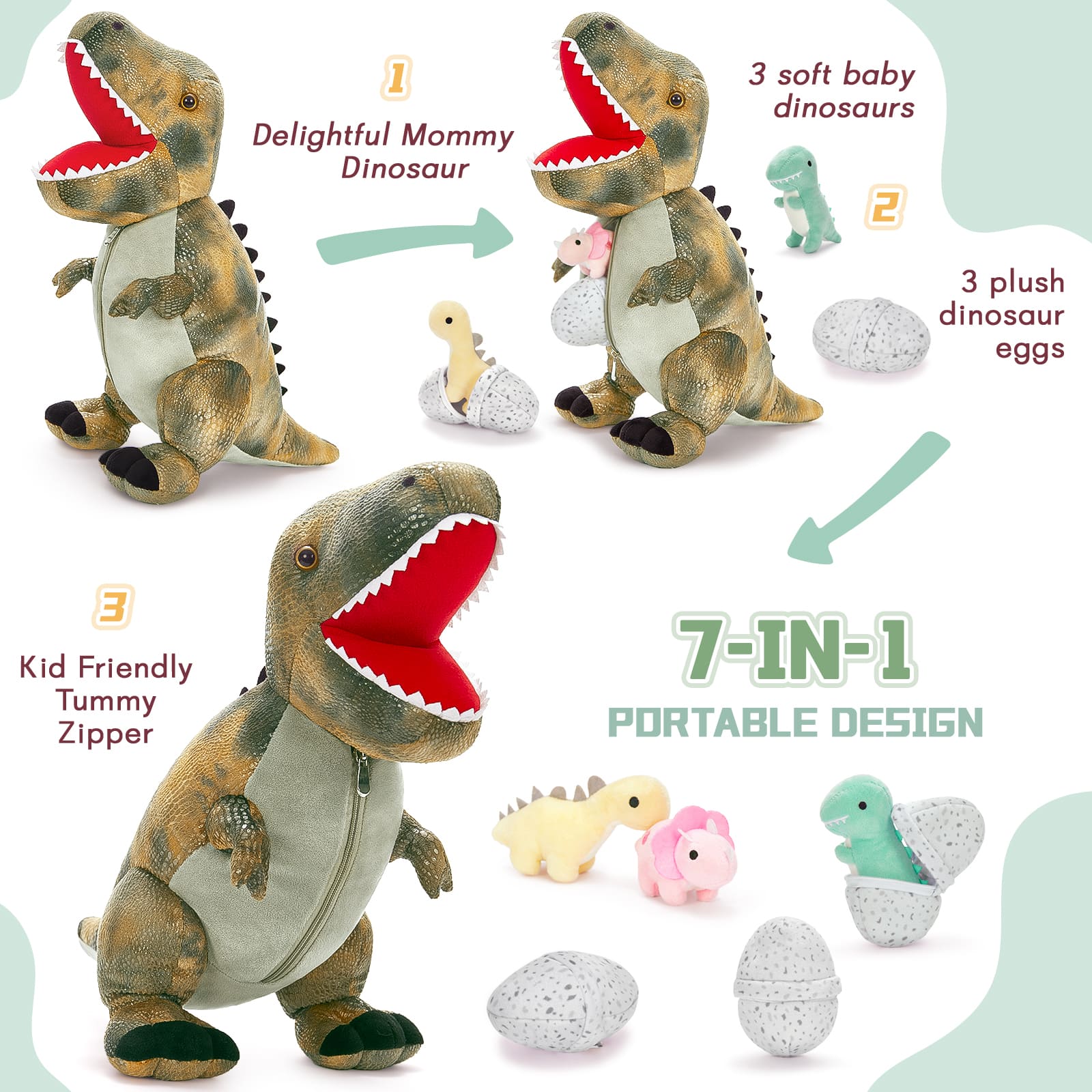 Dinosaur Stuffed Toy with 3 Baby Dinosaurs, Green/Pink/Grey, 23.6 Inches