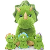 Triceratops Stuffed Animals Bulk - 4 Pcs Green Dinosaur Plush Toys - Stuffed Animal Babies with Their Mom - Mini Dinosaur Babies Plush for Little Girls Boys - Kids Jurassic Park Pretend Play Games