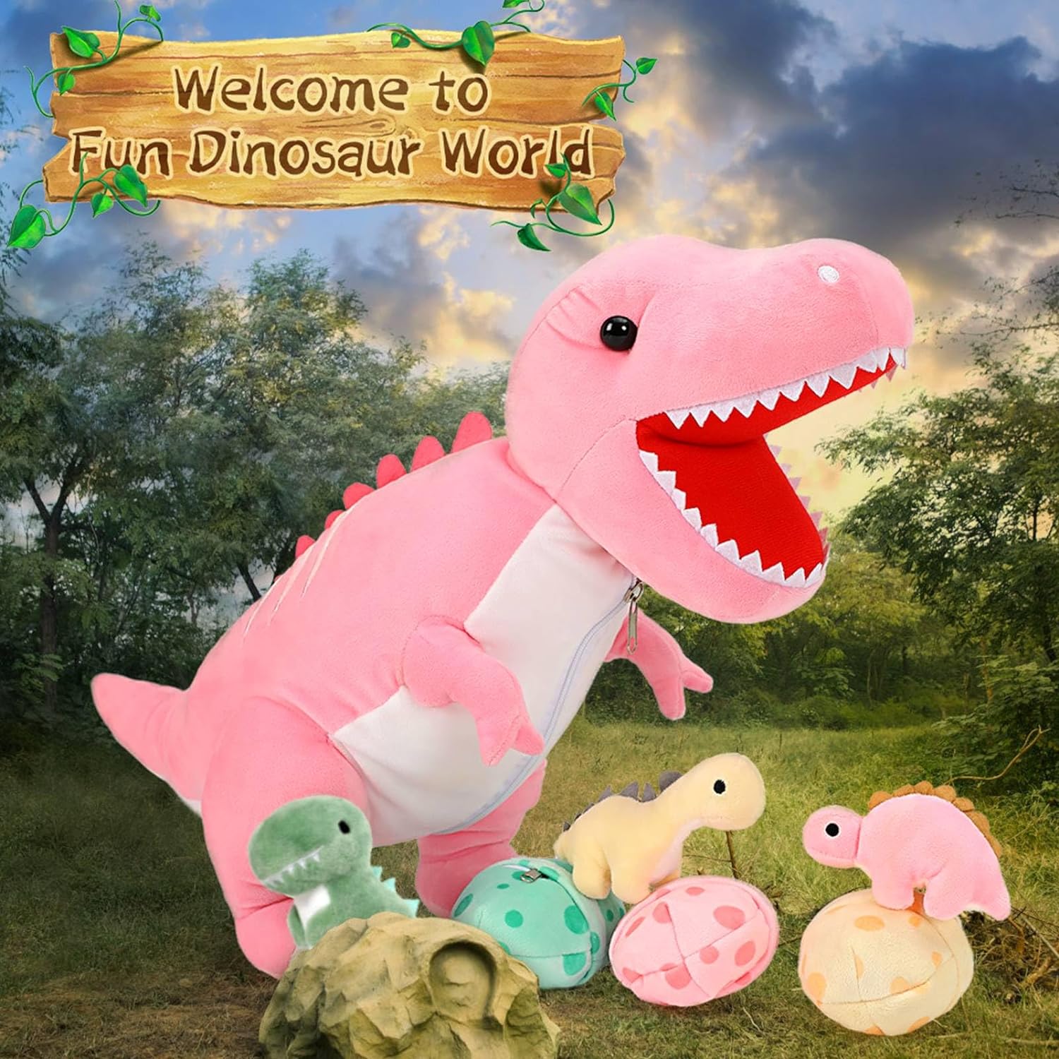Dinosaur Stuffed Toy with 3 Baby Dinosaurs, Green/Pink/Grey, 23.6 Inches