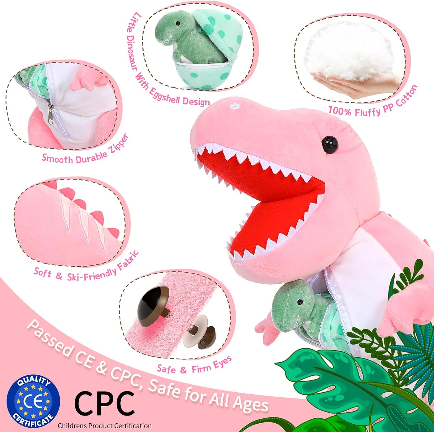 Dinosaur Stuffed Toy with 3 Baby Dinosaurs, Green/Pink/Grey, 23.6 Inches
