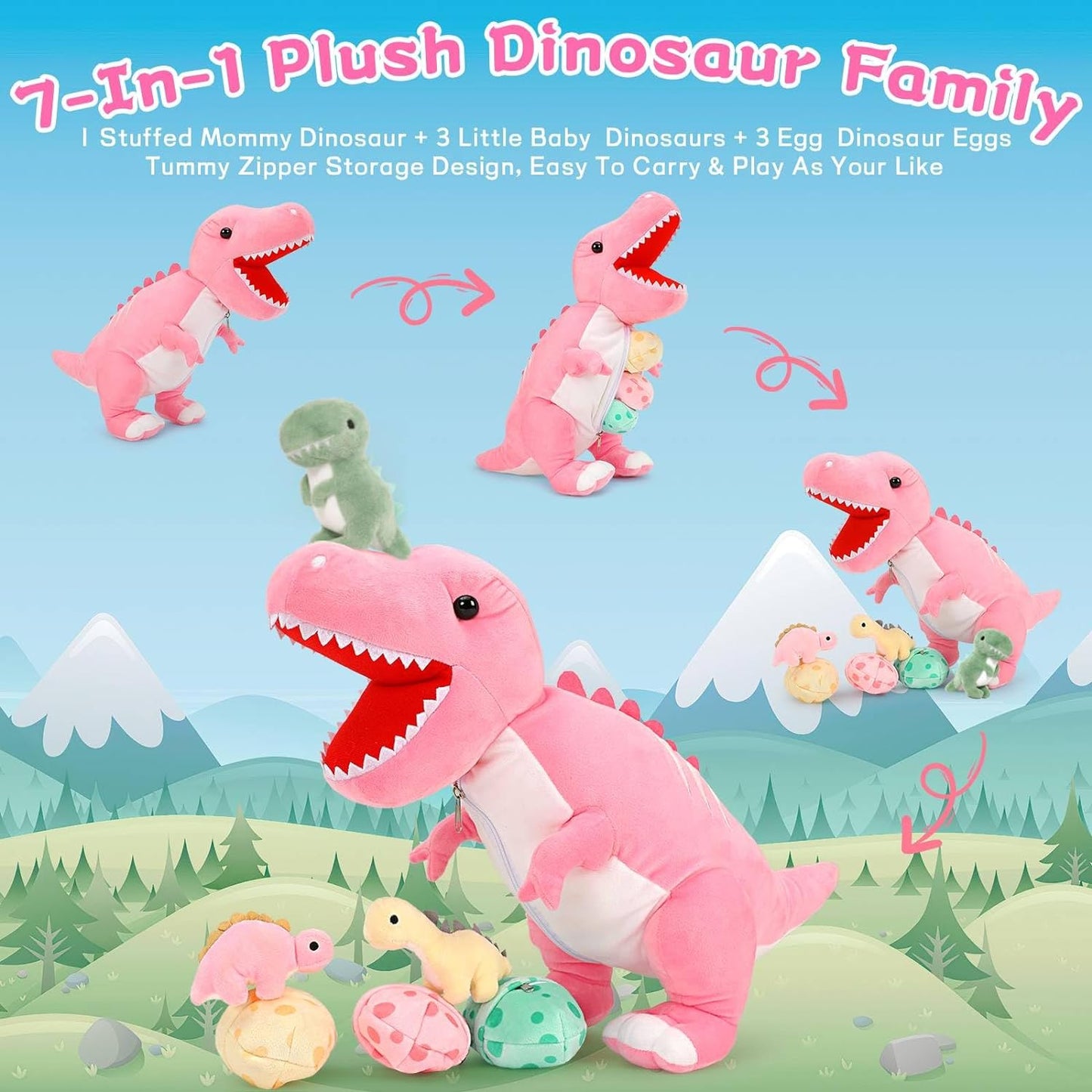 Dinosaur Plush Toys - 7 Pcs Dino Stuffed Animals Bulk - Cute Tyrannosaurus Dinosaur Plush Dolls - Stuffed Animal Dinosaur Babies with Their Mom - Jurassic Park Soft Toys - Gifts for Boys Girls