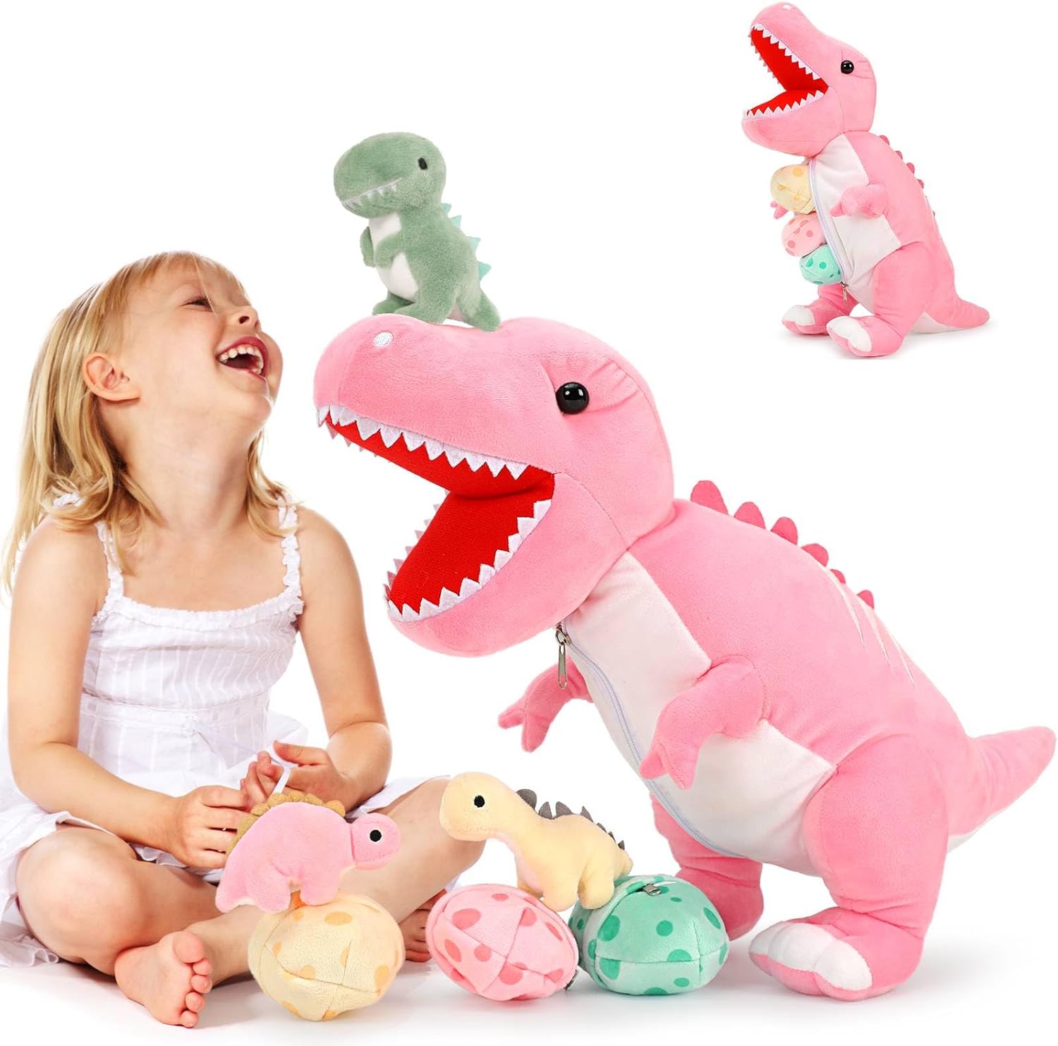 Dinosaur Stuffed Toy with 3 Baby Dinosaurs, Green/Pink/Grey, 23.6 Inches