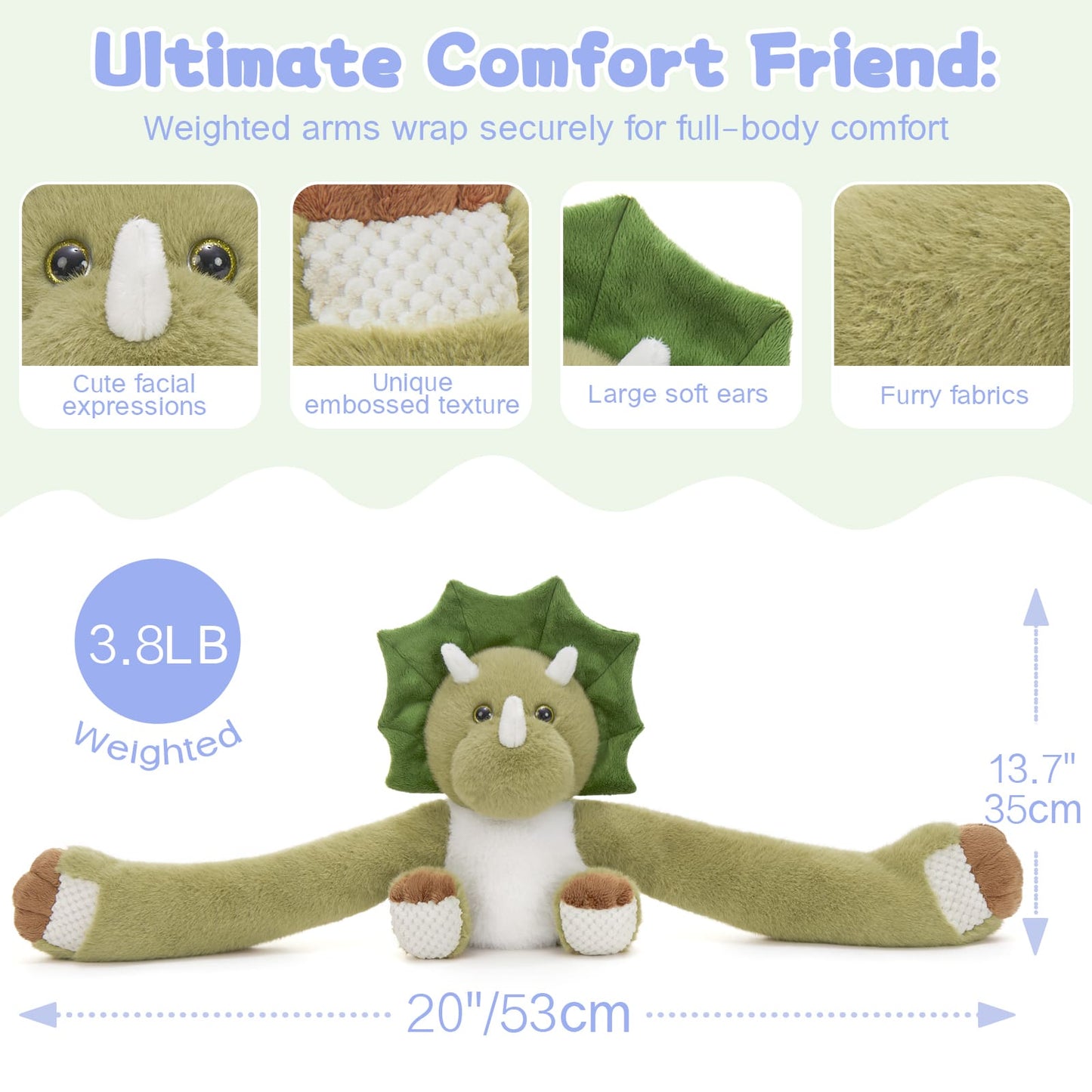 Dinosaur Wighted Stuffed Animals for Kids, Adults - 20 Inches Long Plush Arms for Hugs - 3.8 LBS Dinosaur Stuffed Animal Plushies - Ultra Squishy Body Pillows - Long Arm Plushie Neck Pillow for Sofa, Bed - Gift for Kids, Teens, Adults
