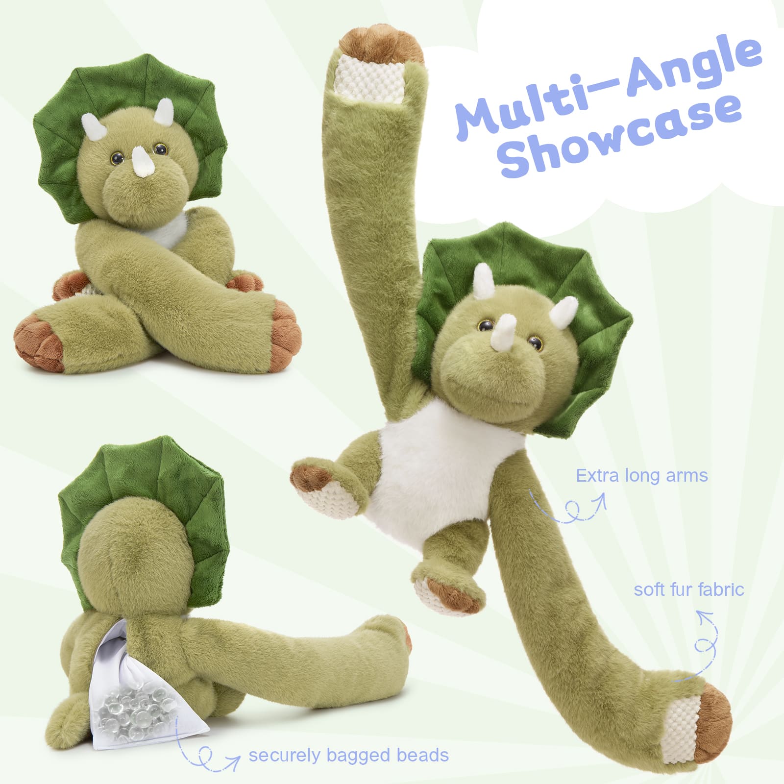 Dinosaur Wighted Plush Pillows with 20 Inches Long Arms, Green, 3.8 LB