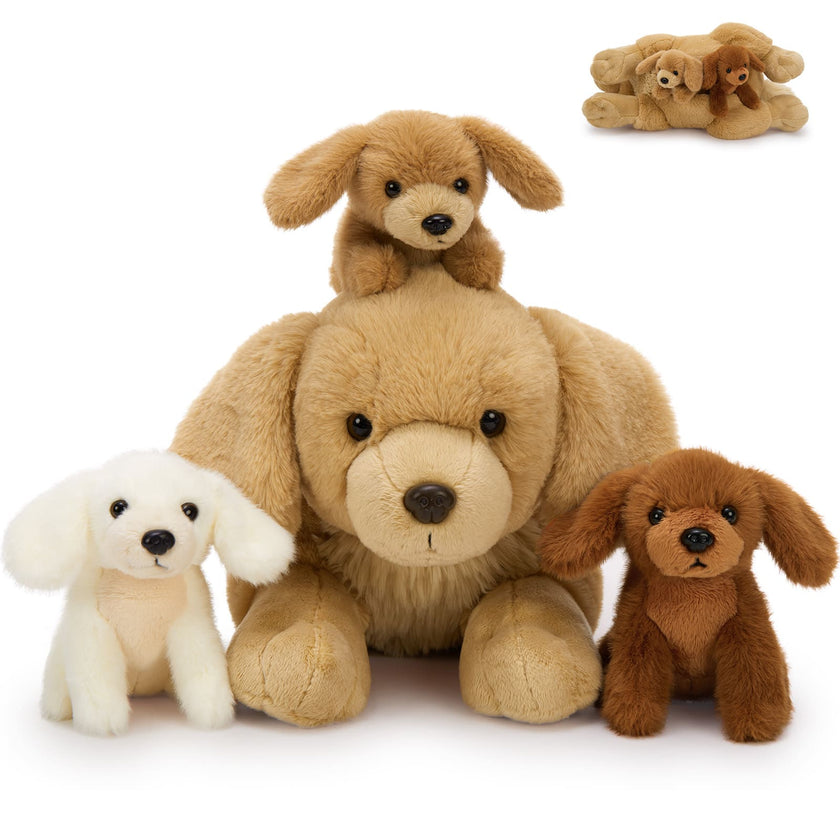 Lifelike Golden Retriever Stuffed Animals - Three Cute Puppy Stuffed Animal Babies with Their Mom - 18 InchesDog Plush Toys - Birthday/Christmas/Baby Shower/Valentine's Day Gift Ideas - Free Shipping