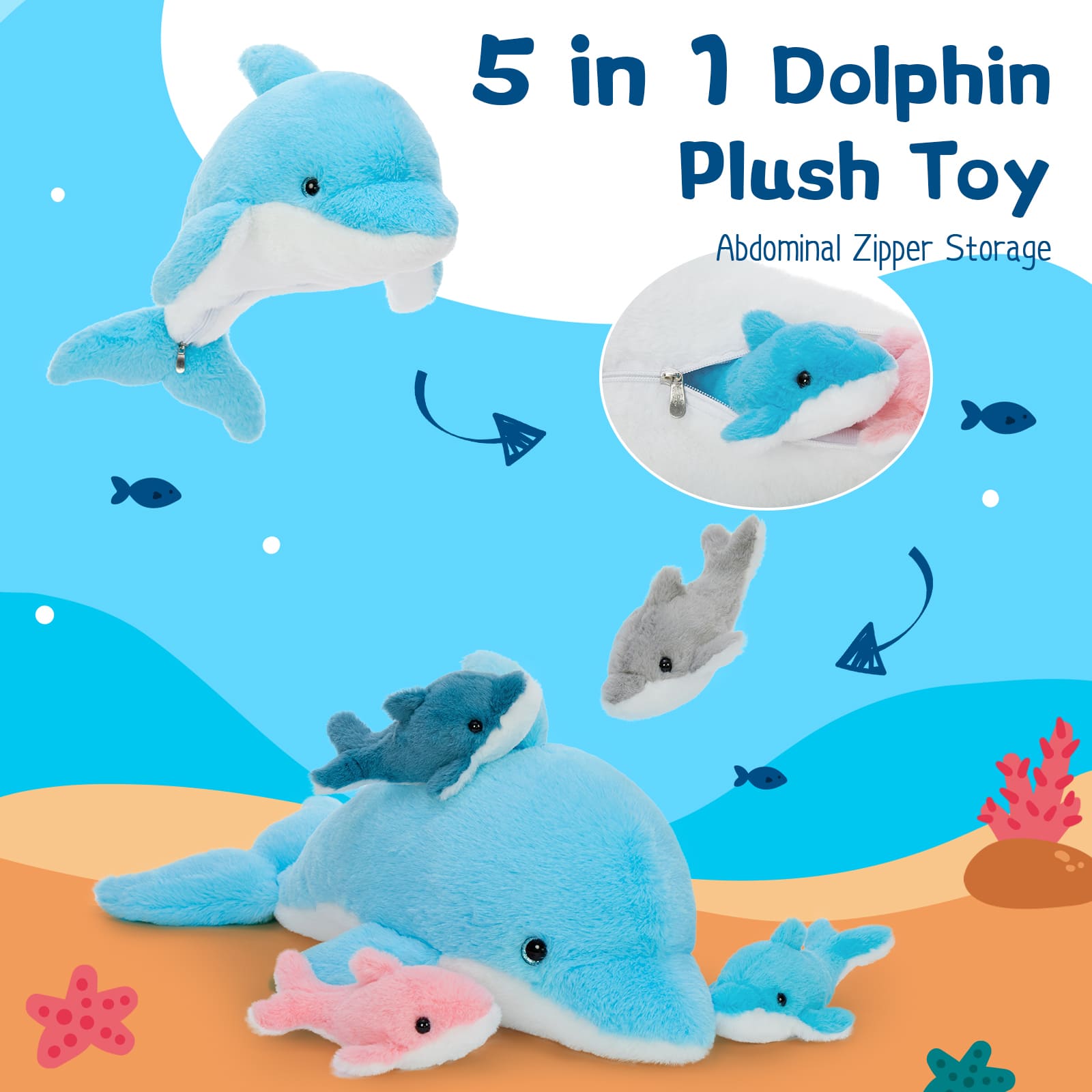 Dolphin Stuffed Animal with 4 Babies, 20.5" Large Dolphin Plush Toy Realistic Ocean Stuffed Animals Soft Plushies Home Decor Christmas Birthday Gifts for Boys Girls Kids