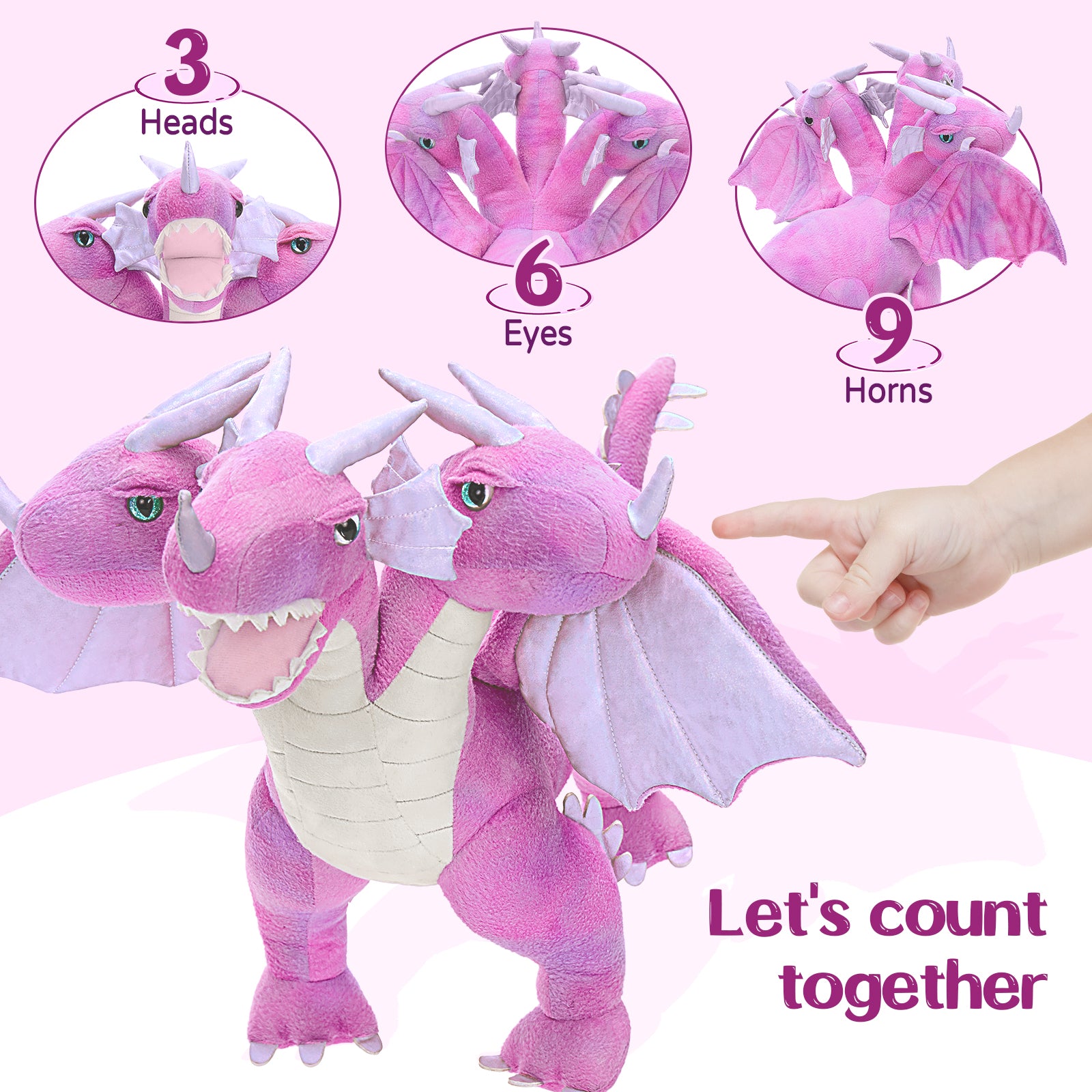 Triple-Headed Flying Dragon Plush Toys, Grey/Pink, 21.6 Inches