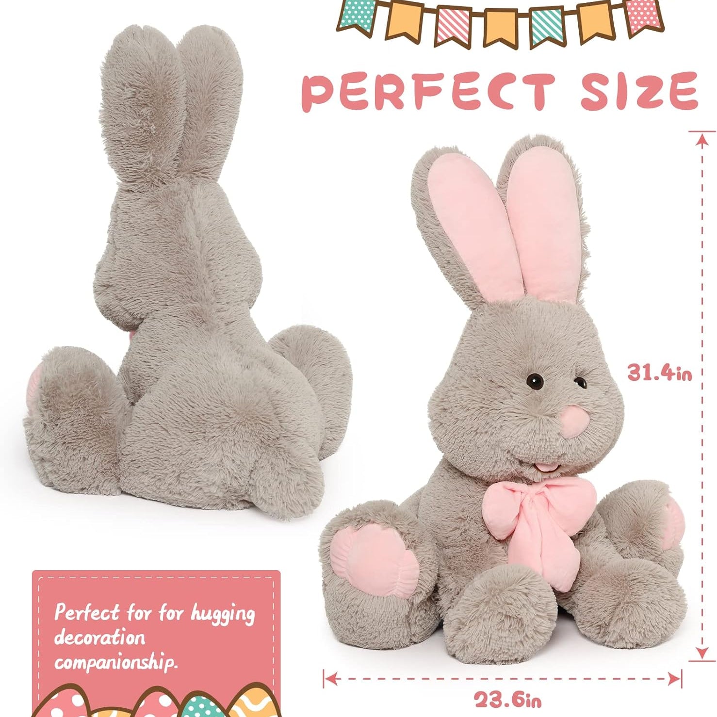 Cute Easter Bunny Plush Toys - Big Rabbit Stuffed Animals with A Pink Bow - Easter Gift for Kids Teens Adults - Cute Cartoon Bunny Plush Pillows 31 Inches - Birthday Gift for Friends