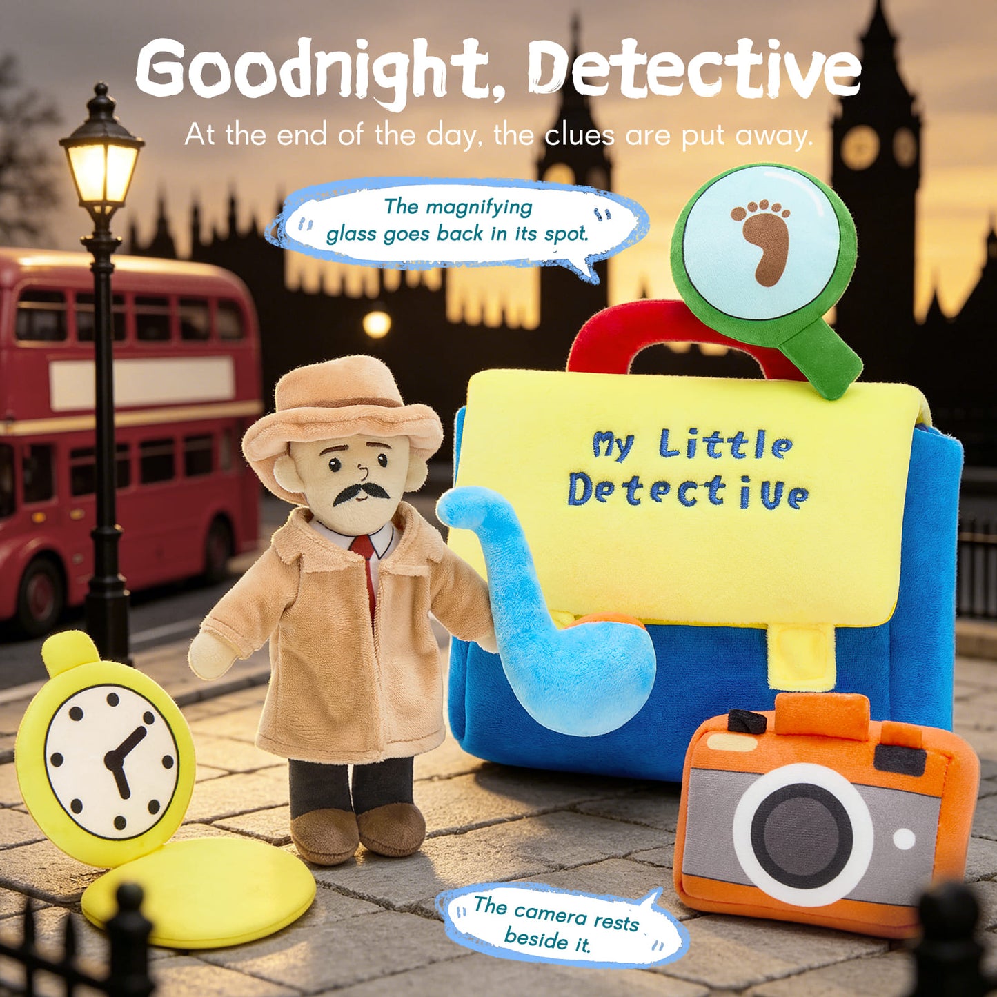 A kid-friendly detective pretend play set with a plush storage backpack in blue and yellow, an orange toy camera, magnifying glass with footprint symbol, and a plush detective character, arranged neatly for product display, promoting creativity, cognitive development, and imaginative investigative play for toddlers and preschoolers.