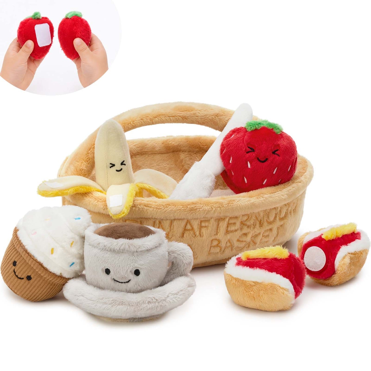 Soft plush afternoon tea set for toddlers featuring pretend play food toys including banana, strawberry, cupcake, coffee cup, and sandwich for early learning and imaginative play