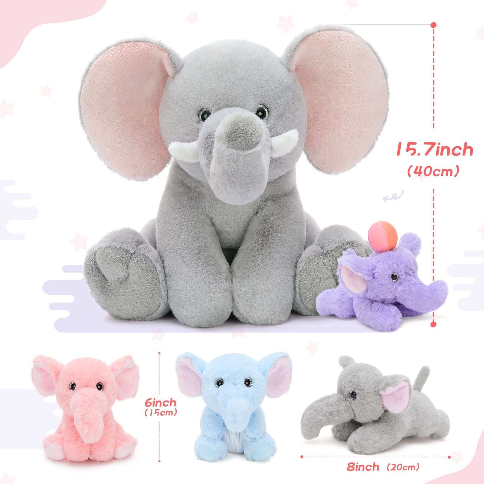 Elephant Stuffed Animals with Babies Inside, Grey, 15.7 Inches