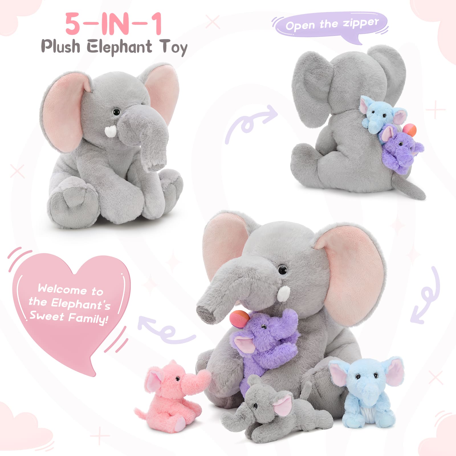Elephant Stuffed Animals with Babies Inside, Grey, 15.7 Inches