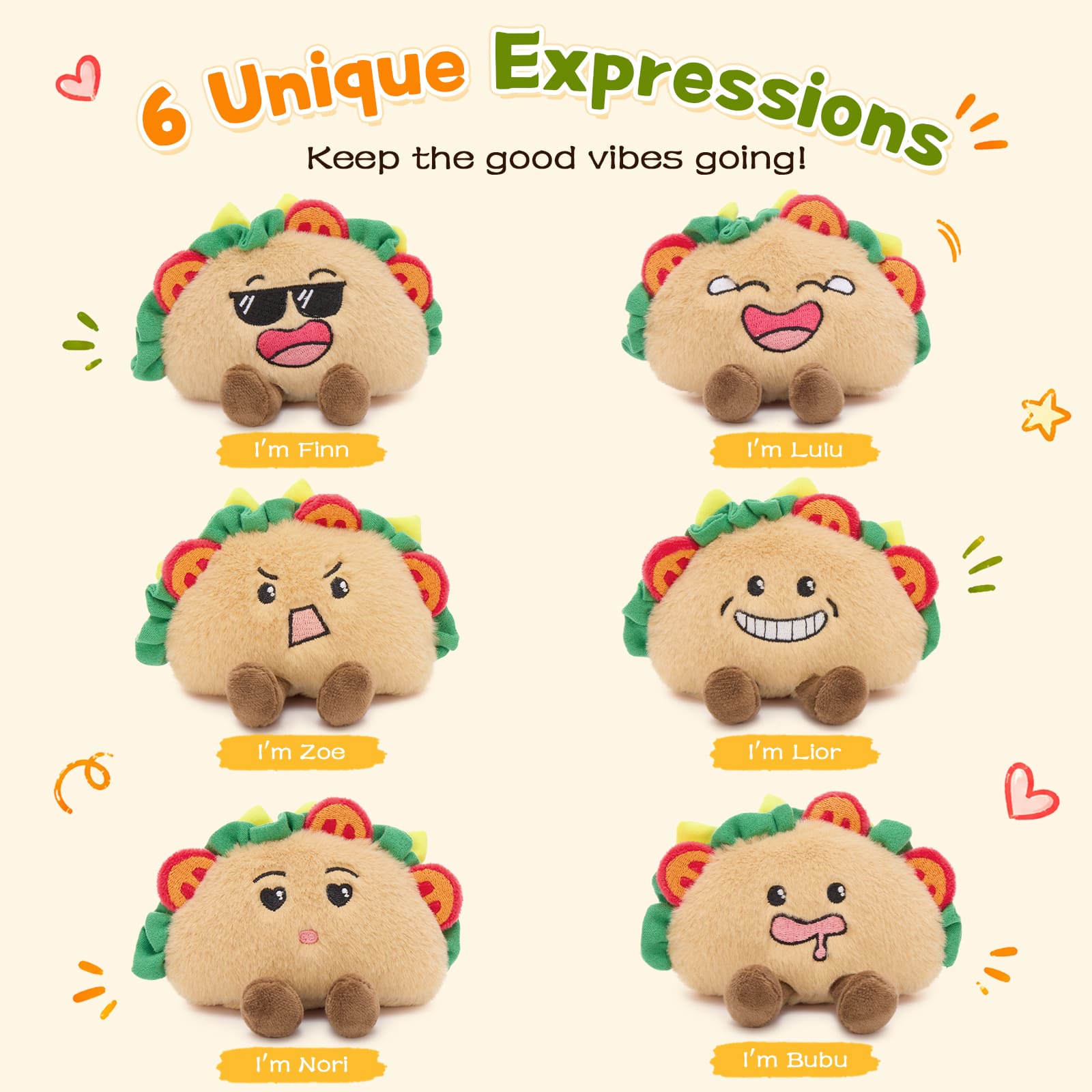 Cute Mini Taco Plush Keychain 4.3" Bag Charm Emoji Face