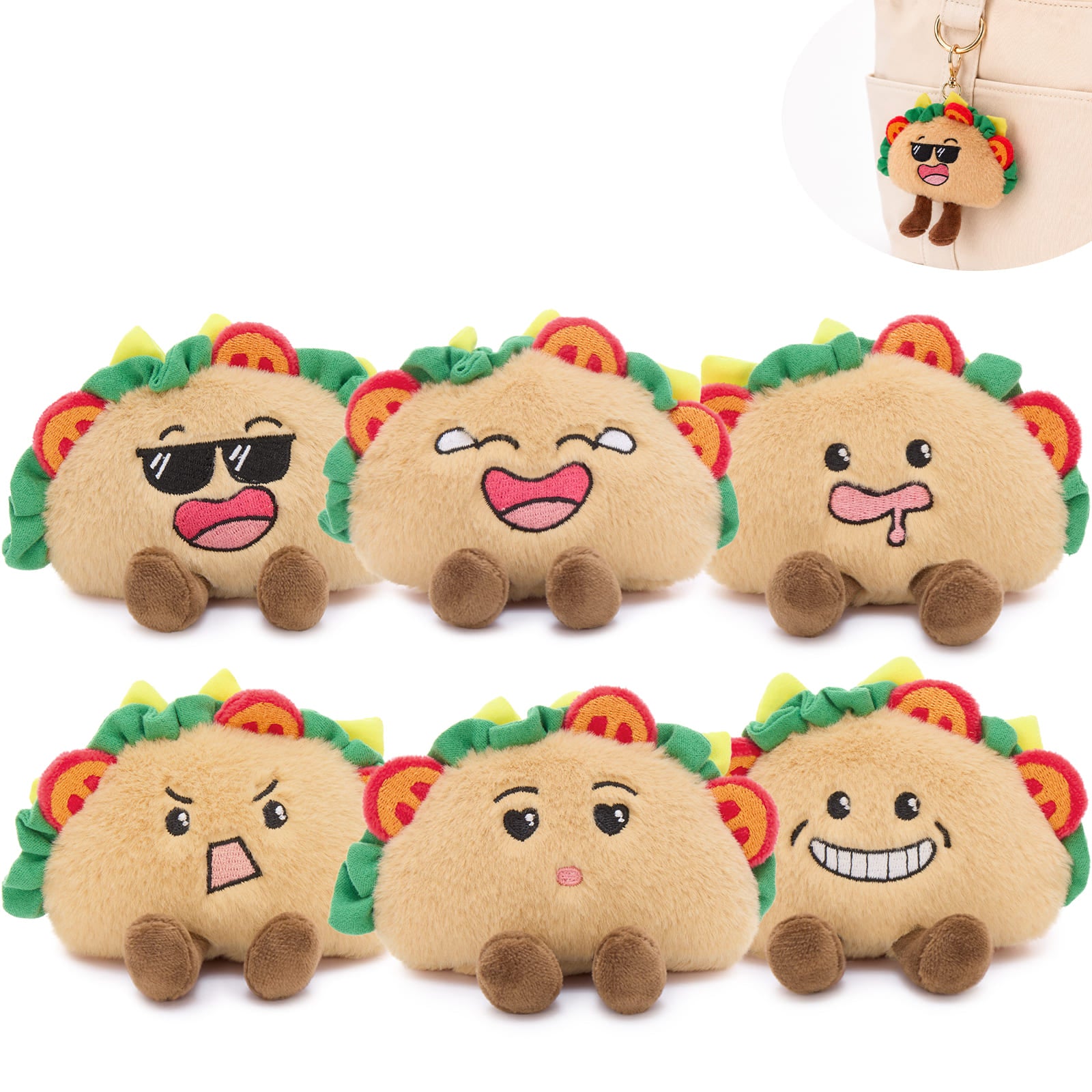 Cute Mini Taco Plush Keychain 4.3" Bag Charm Emoji Face