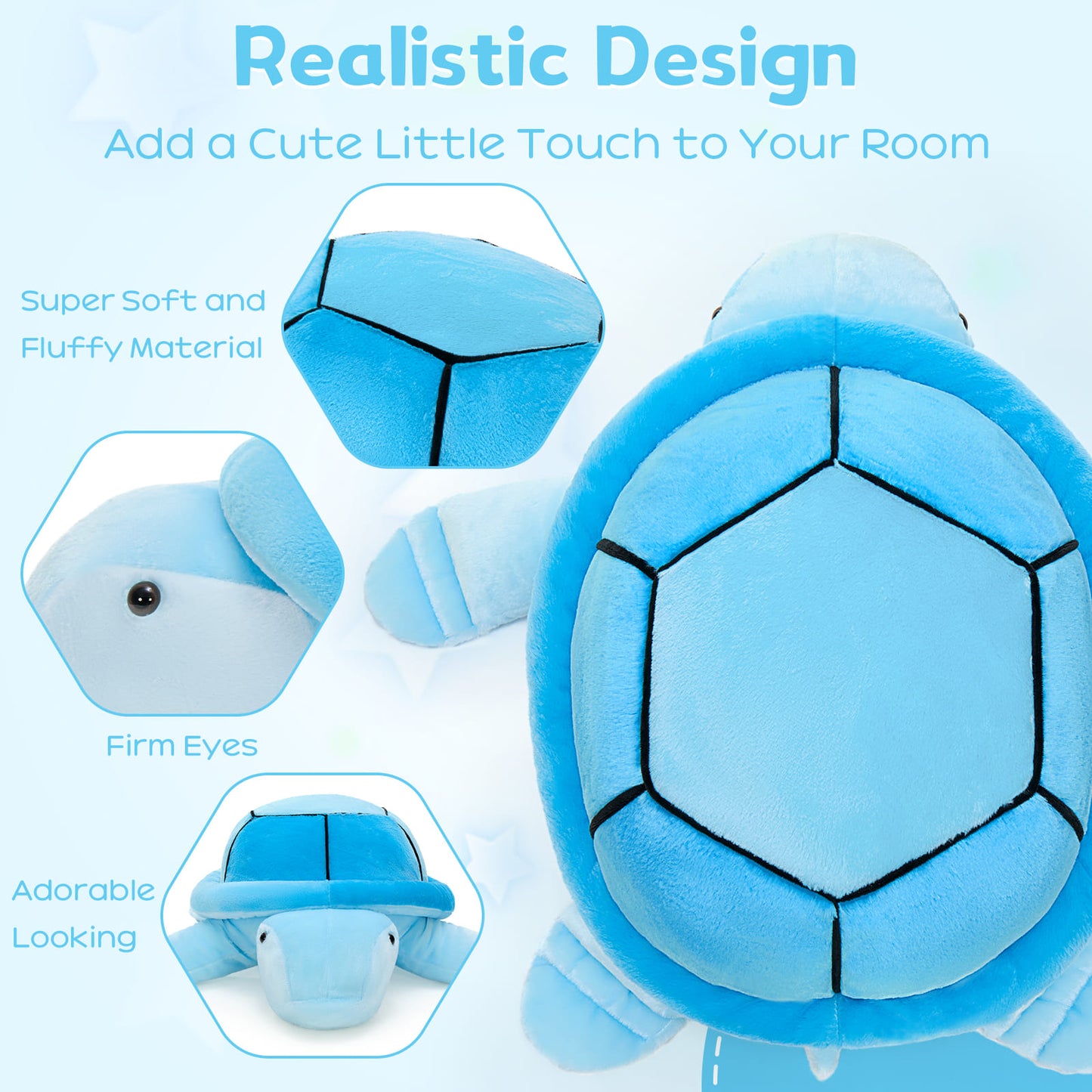 Hug-size blue turtle plush pillow toy with velvety fabric, large cushioned shell, stitched black shell details, pale blue body, white head, and wide flat flippers, displayed in a product listing image with a dotted measurement guide indicating 33.4 inches / 85 cm, ideal for children’s cuddling, sea animal decor, bedtime comfort, and plush toy gifting.