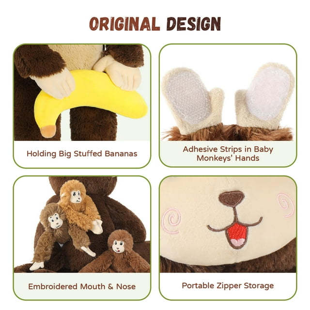 25.6" Monkey Mommy Stuffed Animal with 3 Baby Monkeys & 1 Banana Plush Toy