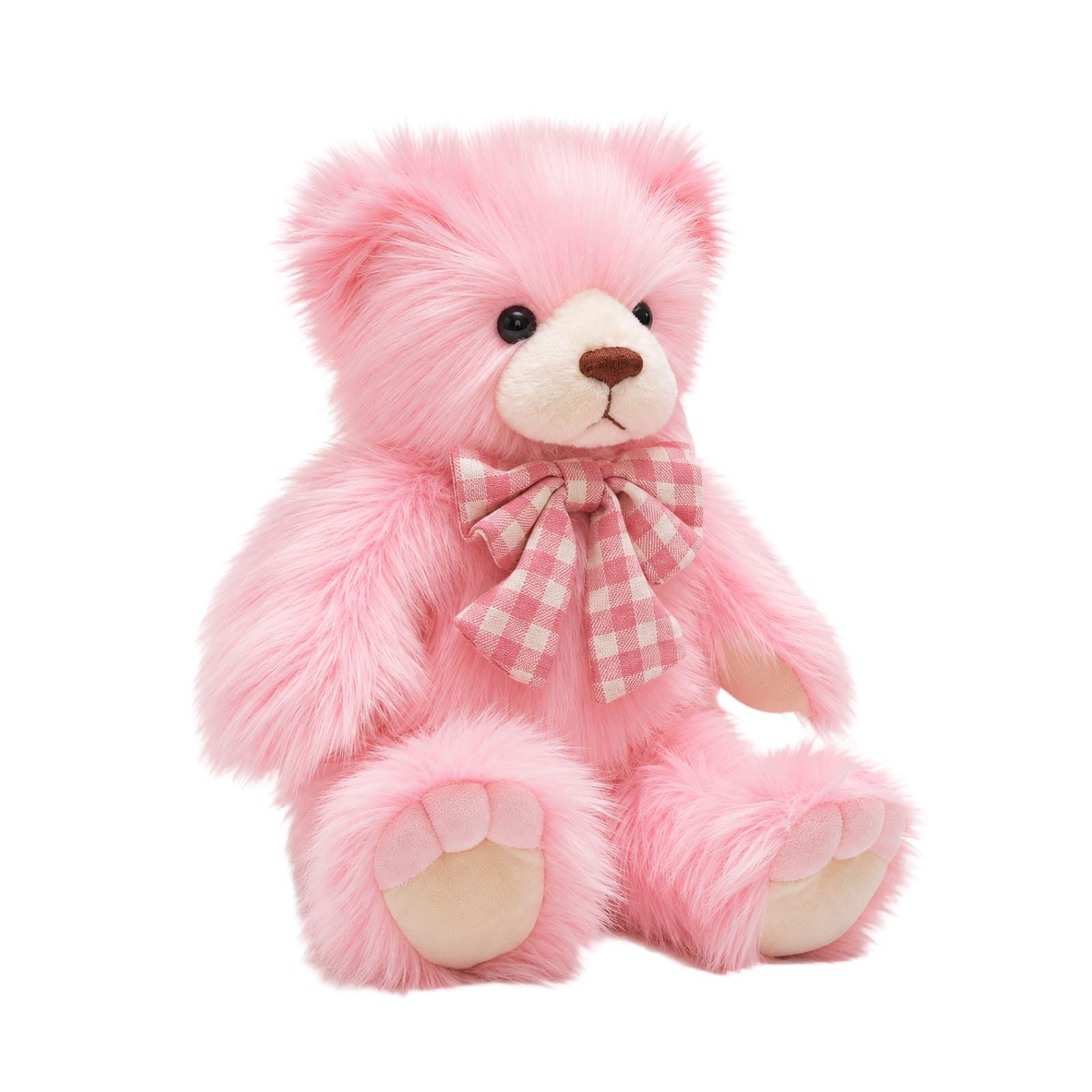 14 Inch Long Fur Teddy Bear Plush Toy with Plaid Bow