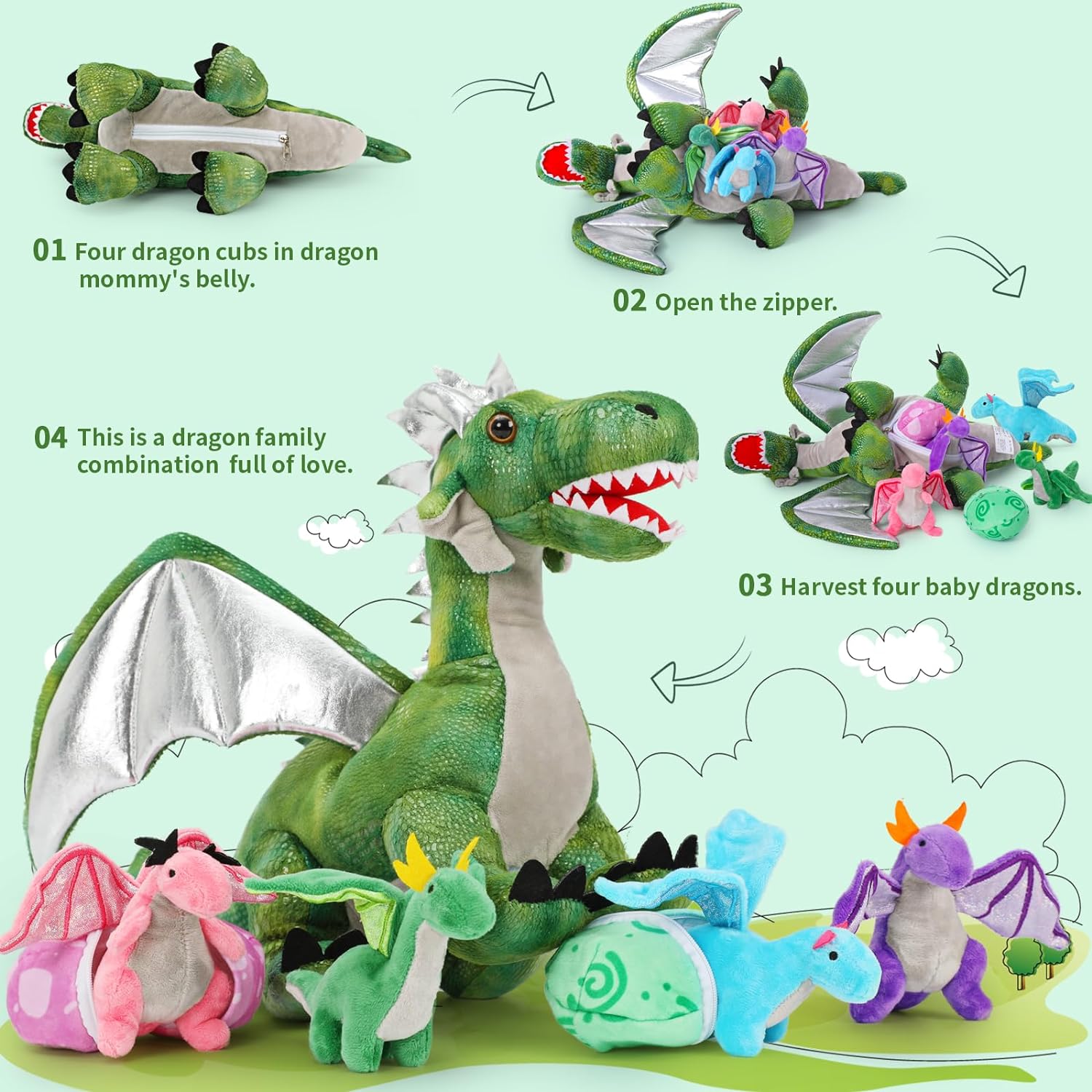 7 Pcs Dragon Stuffed Animals - Dragon Stuffed Animal Babies with Their Mom - Cute Dragon Plush Dolls for Girls Boys - Stuffed Animals with Babies Inside - Creative Christmas/Birthday Gift for Kids Teens Adults