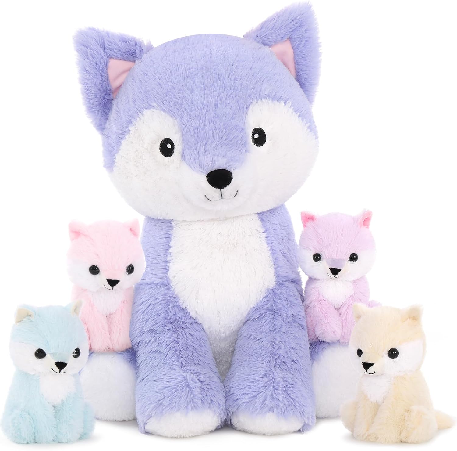 Cute Lavender Fox Plush Toys - 5 Pcs Fox Stuffed Animals Bulk - Cute Fox 19 Inches Plush Dolls - Stuffed Animal Fox Babies with Their Mom - Light Purple Fox Cushion Pillow Soft Toys - Gifts for Girls Boys