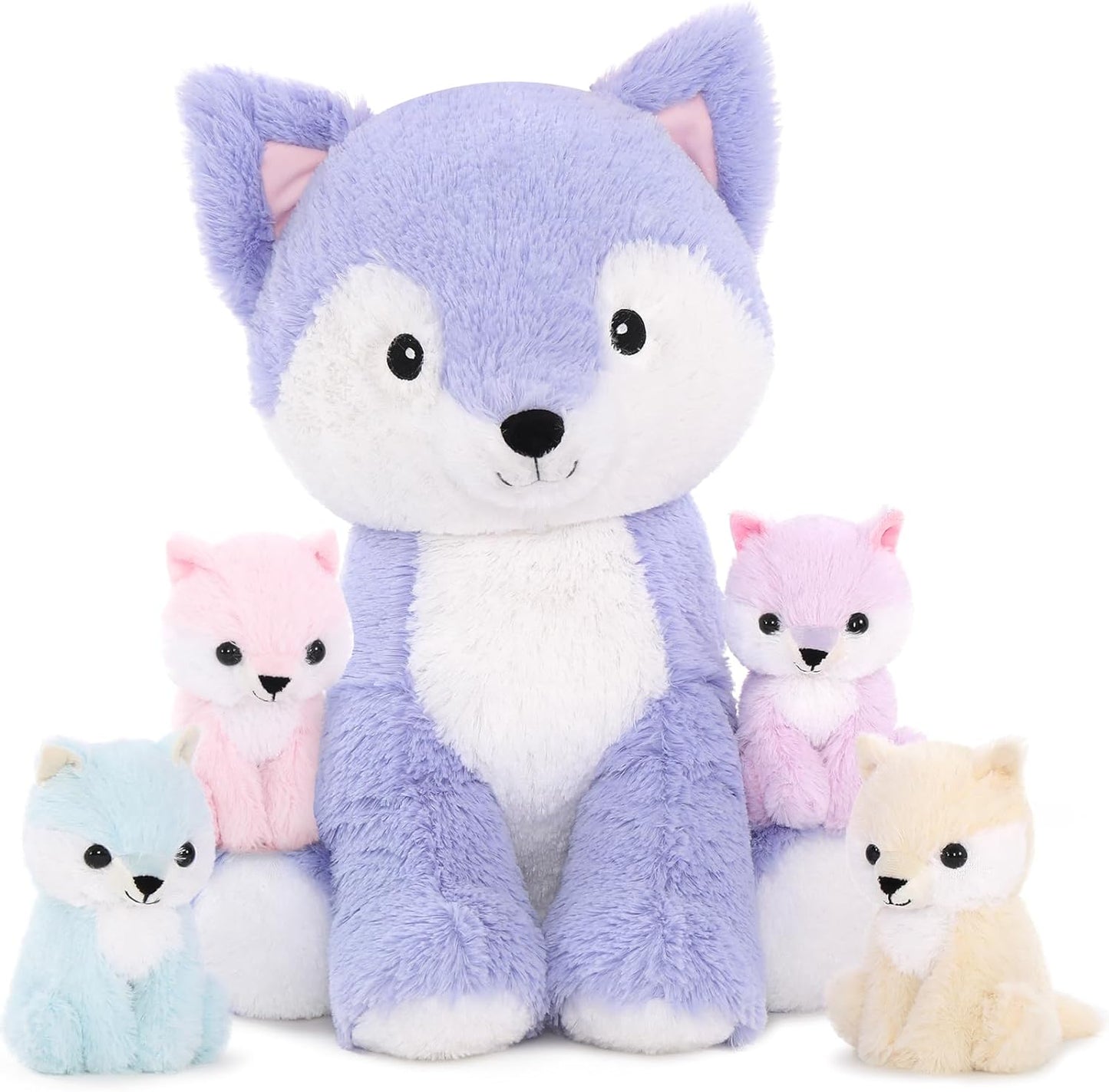 Cute Lavender Fox Plush Toys - 5 Pcs Fox Stuffed Animals Bulk - Cute Fox 19 Inches Plush Dolls - Stuffed Animal Fox Babies with Their Mom - Light Purple Fox Cushion Pillow Soft Toys - Gifts for Girls Boys