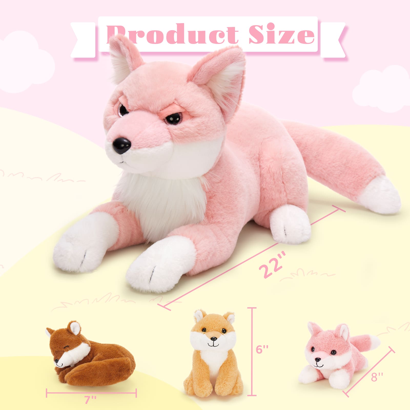 4 Pcs Jungle Pink Fox Stuffed Animals, 22 Inches - Simulation Fox Plush Toys - Fox Baby Stuffed Animals with Their Mom - Christmas/Birthday Gift for Kids Teens Adults - Stuffed Animal Collection