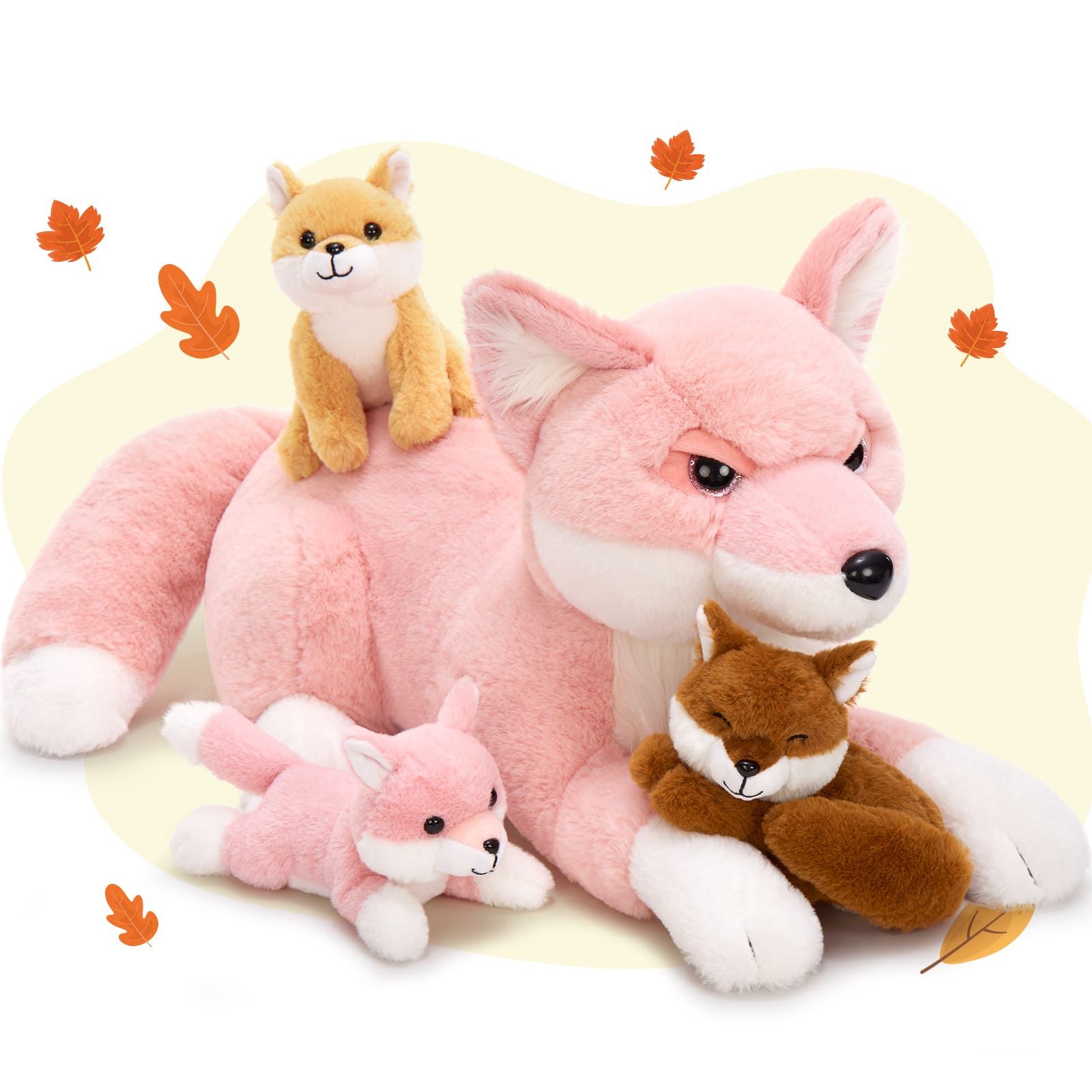 4 Pcs Jungle Pink Fox Stuffed Animals, 22 Inches - Simulation Fox Plush Toys - Fox Baby Stuffed Animals with Their Mom - Christmas/Birthday Gift for Kids Teens Adults - Stuffed Animal Collection