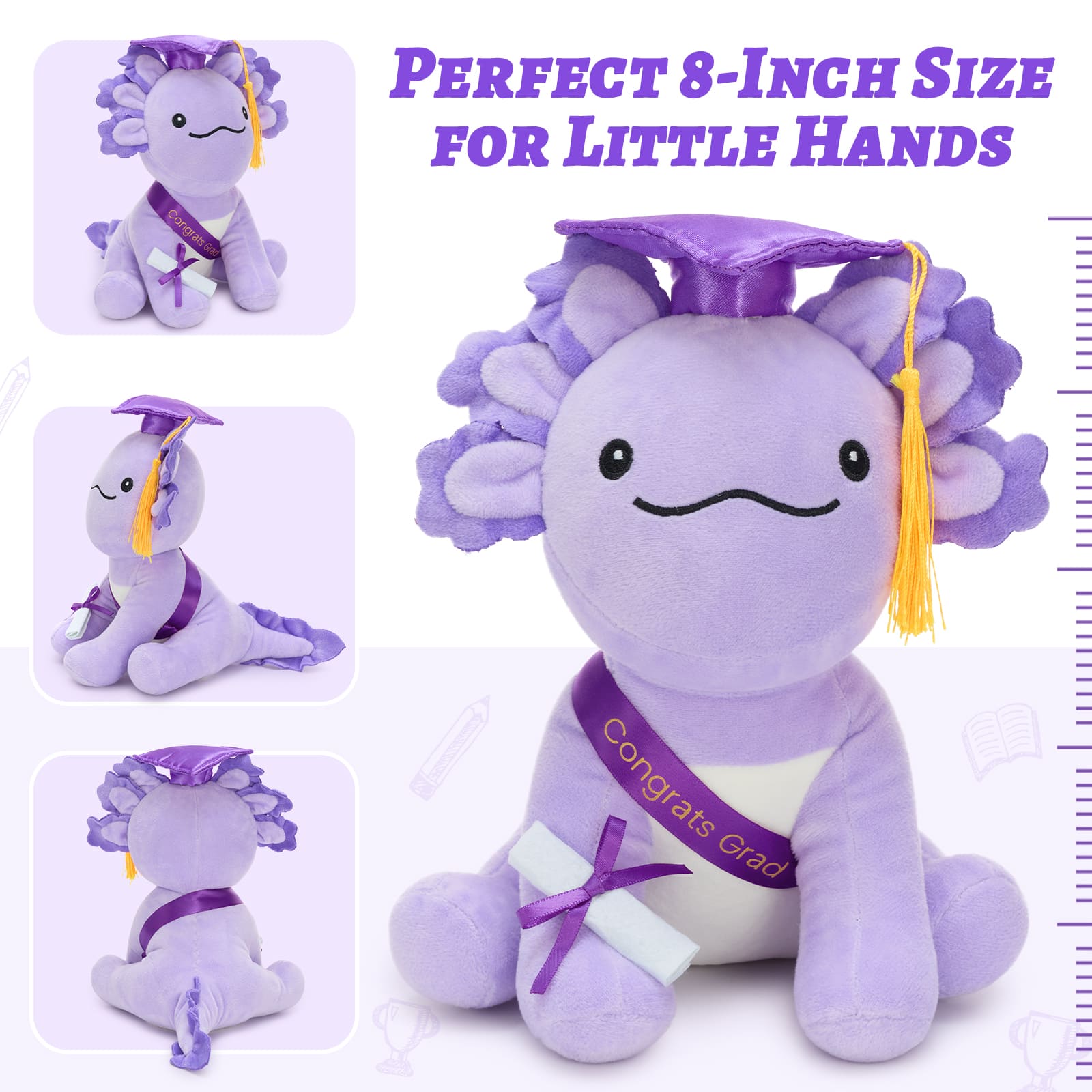 Adorable graduation axolotl stuffed animal plush with black cap, bright sash, and diploma accessory, made as a unique gift for graduates and graduation celebrations.