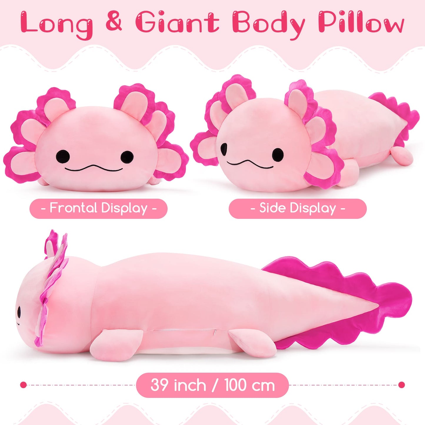Big Axolotl Pink Plush Pillow - Salamander Cartoon Cushion Pillow - 39 Inches Squishy Throw Pillow - Axolotl Stuffed Animals Plush Toys - Christmas Gift for Kids Teens Adults