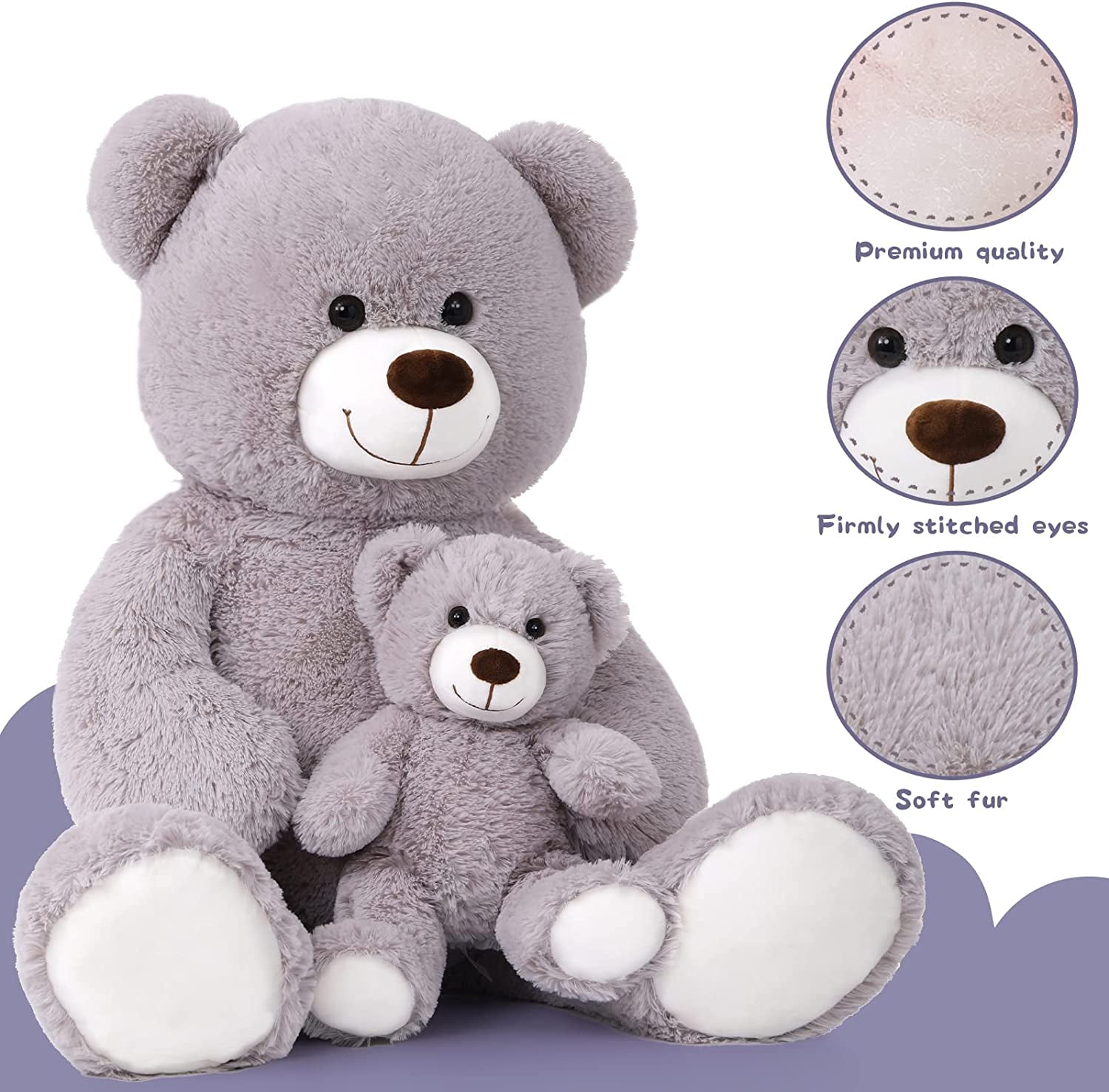 Grey Teddy Bear Plush Toys - Happy Smiling Face Pluffy Teddy Bear - Giant Teddy Bear Stuffed Animals - Teddy Bear Theme Baby Shower - Cute Teddy Bear Plush Dolls - Valentine's Day Teddy Bears&Gifts - Anniversary Gift for Wife/Husband - Vday Gift for Girlfriend/Boyfriend - Stuffed Animal Bear Babies with Their Mom
