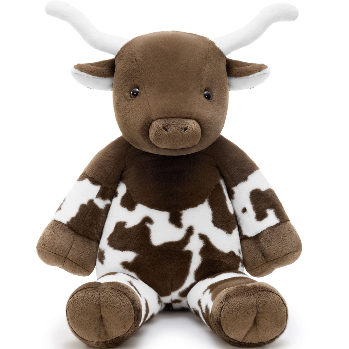Giant Highland cow plush toy sitting in a cozy nursery room, oversized soft stuffed animal with brown and white cow print design, perfect cuddle toy for kids and bedroom decor.