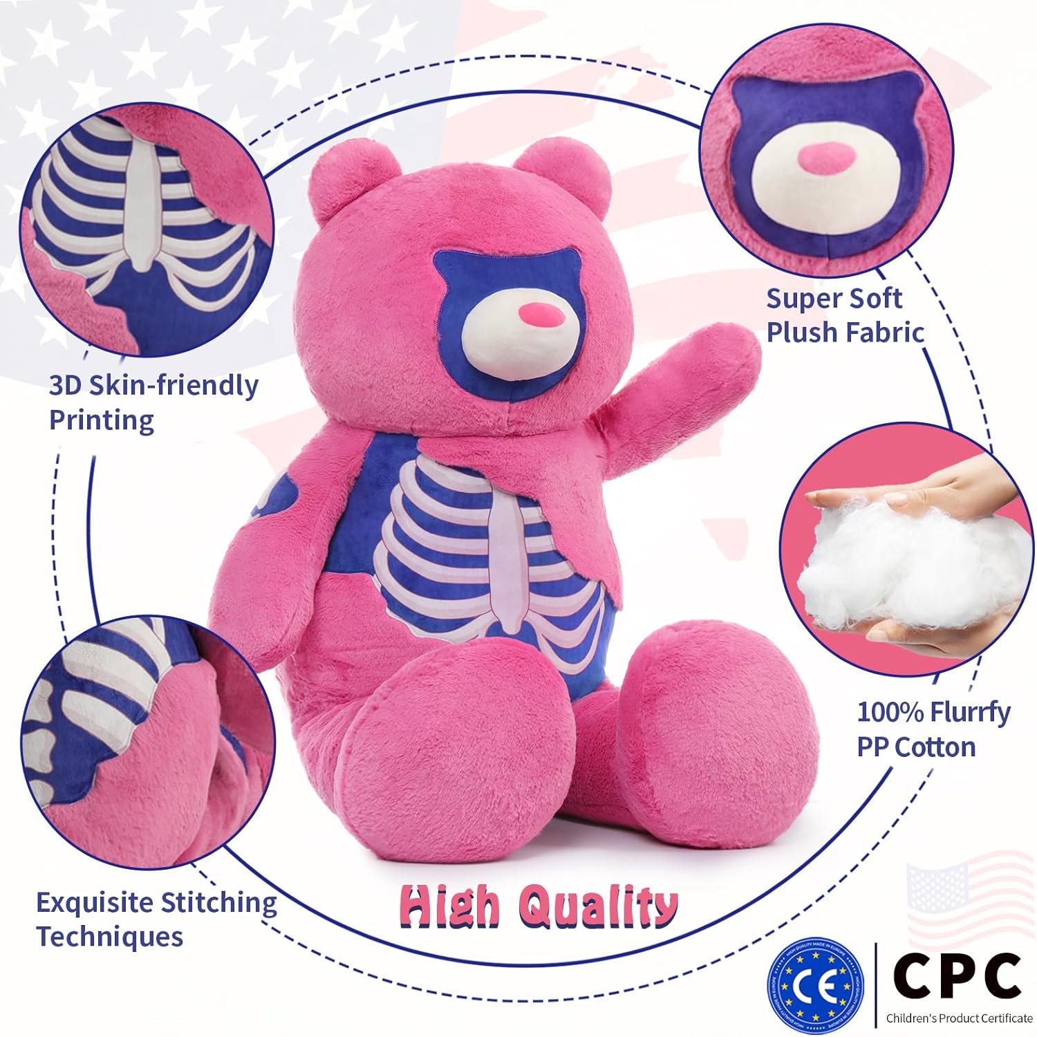 Giant Goth Teddy Bear, Pink, 43 Inches