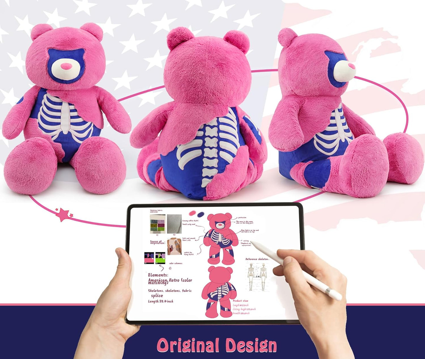 Giant Goth Teddy Bear, Pink, 43 Inches