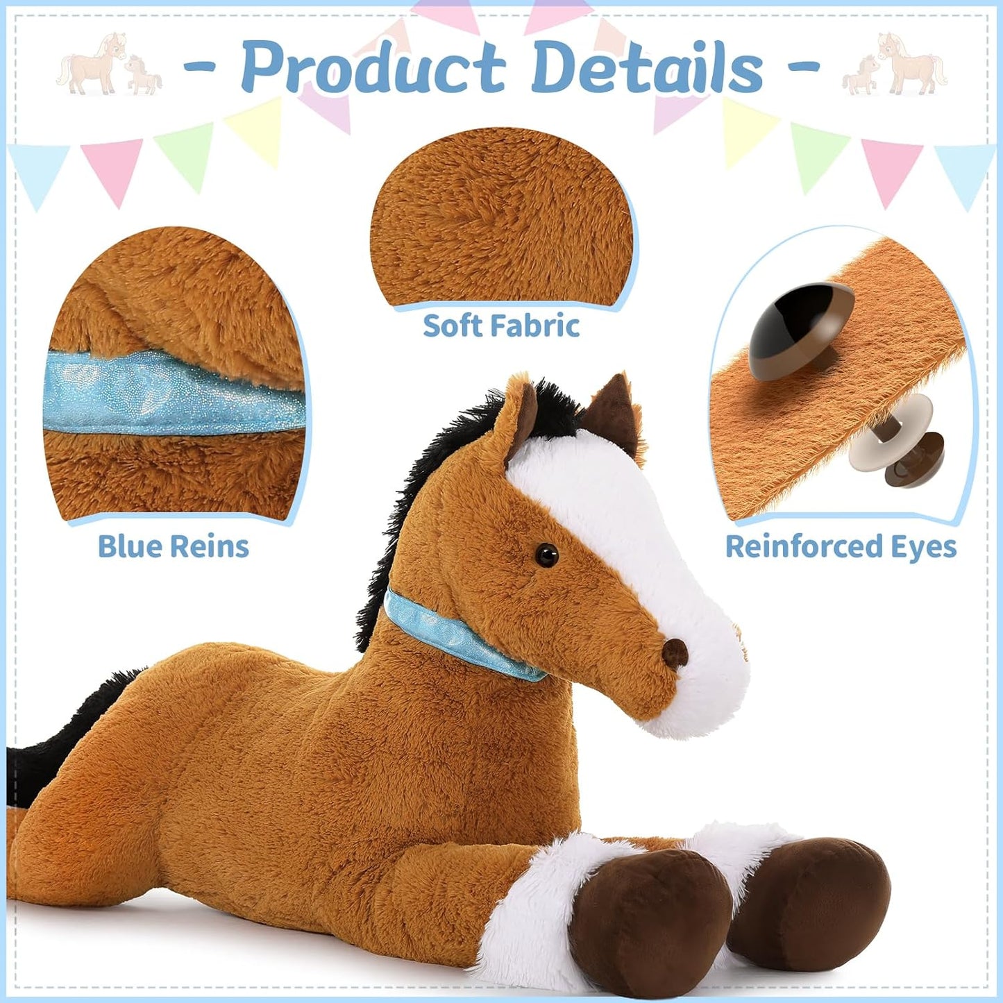 Big Horse Stuffed Animals - Brown Massive Horse Plush Toys - 4 FT Huge Horse Plush Dolls - Farm Animal Plush Pillows - Cute Little Pony Plush Dolls - Christmas/Birthday/Baby Shower Gift Ideas