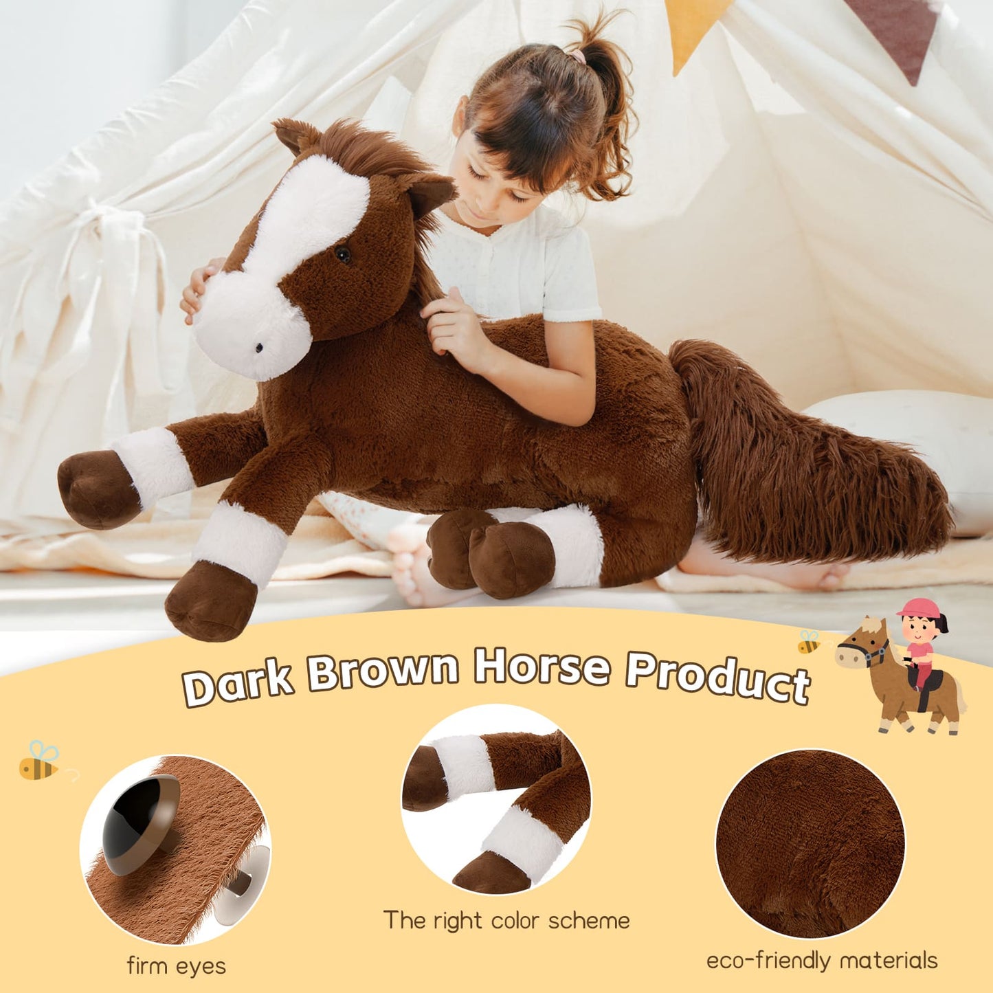 Large Lifelike Horse Stuffed Animals - Dark Brown 47 Inch Horse Plush Toys - Chestnut Horse Plush Dolls - Realistic Giant Horse Plush for Children - Birthday Christmas Easter Valentine's Day Gift for Toddlers Kids