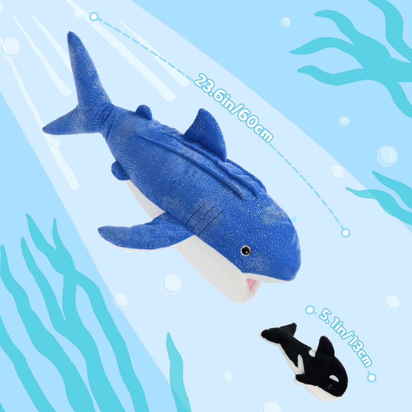 Blue shark plush toy with measurement details on a blue underwater background