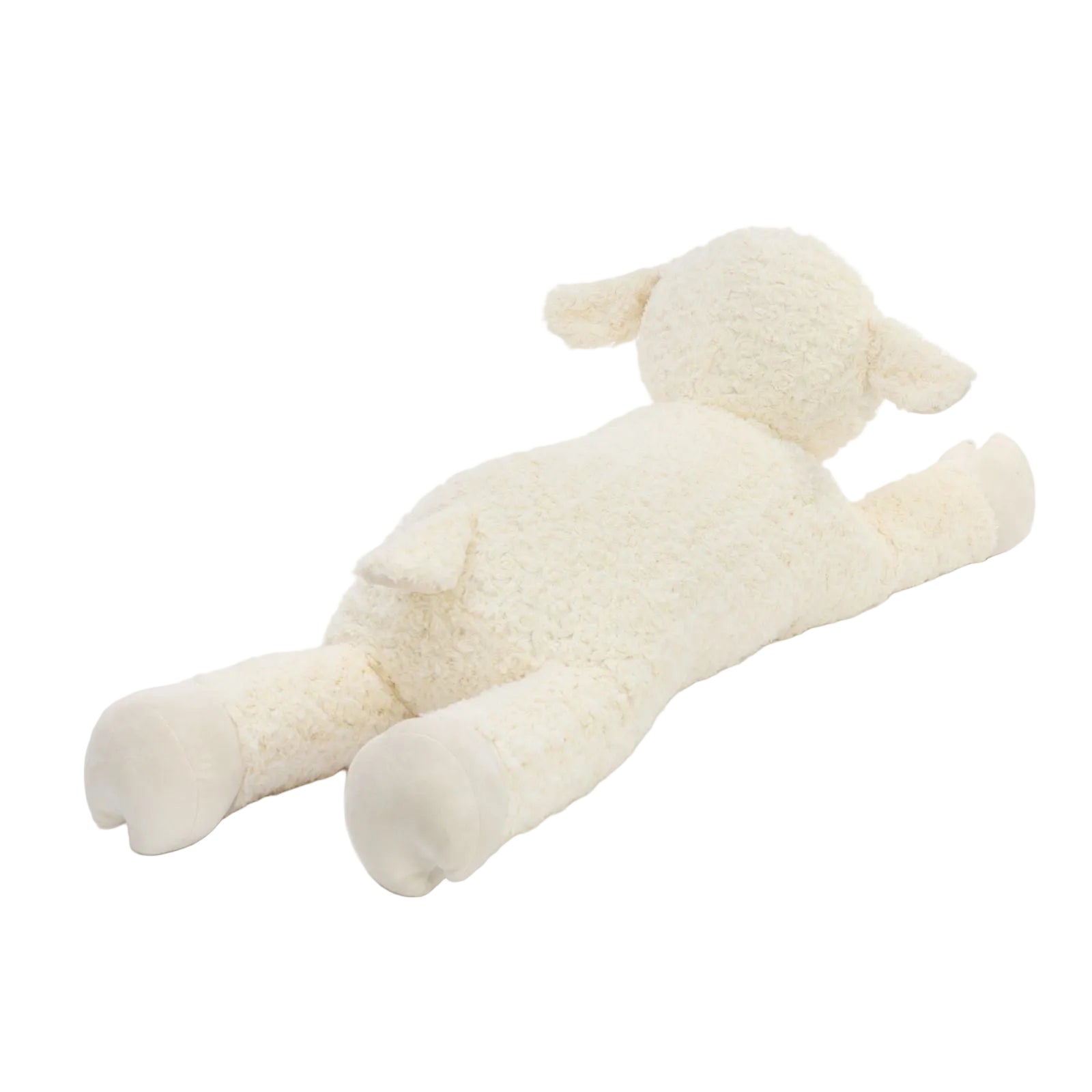 A cream-colored sheep plush toy lying down, photographed on a seamless white studio background.