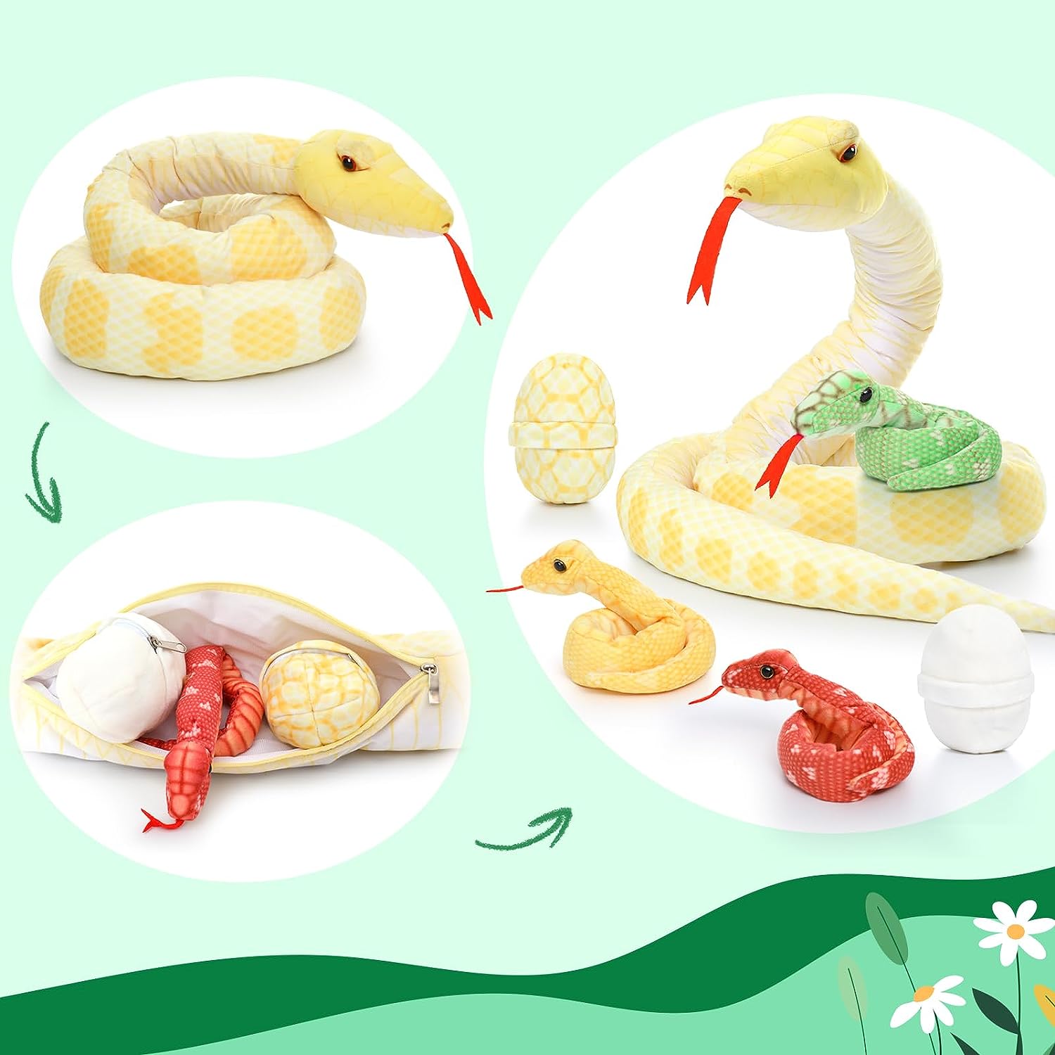 6 Pcs Realistic Snake Stuffed Animals - Snake Stuffed Animal Babies with Their Mom - Simulation Python Plush Dolls for Girls Boys - Stuffed Animals with Babies Inside - Cool Boa Plush Toys - Creative Christmas/Birthday/Halloween Gift for Kids Teens Adults