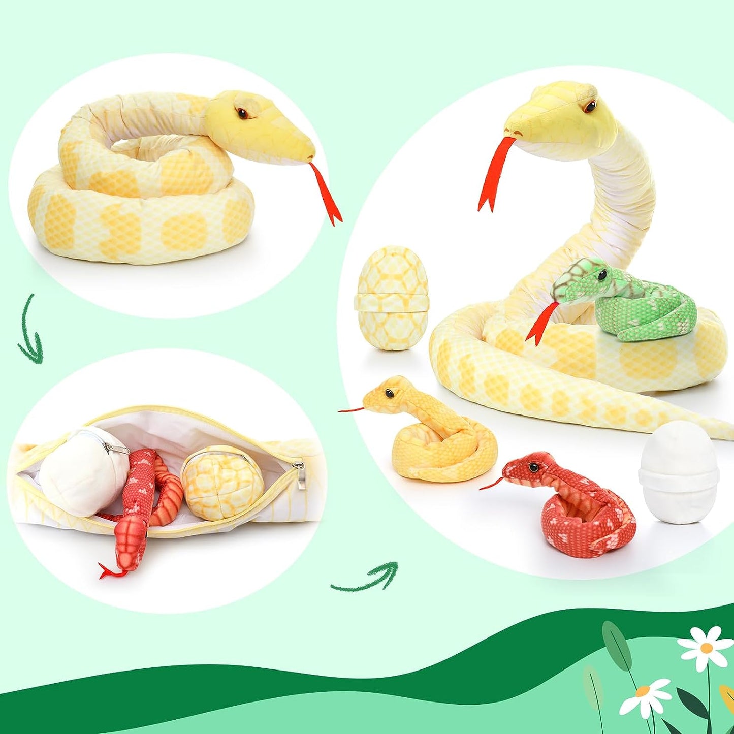 6 Pcs Realistic Snake Stuffed Animals - Snake Stuffed Animal Babies with Their Mom - Simulation Python Plush Dolls for Girls Boys - Stuffed Animals with Babies Inside - Cool Boa Plush Toys - Creative Christmas/Birthday/Halloween Gift for Kids Teens Adults