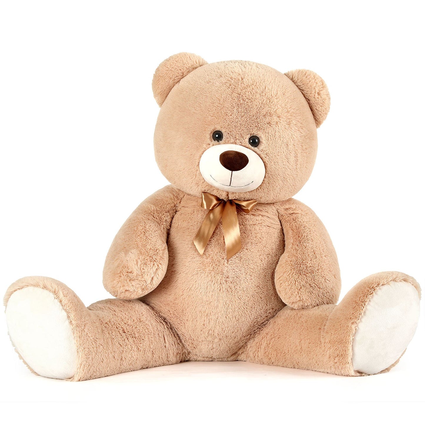 Classic beige plush teddy bear with a satin bow, soft cuddly stuffed toy sitting upright on a white background