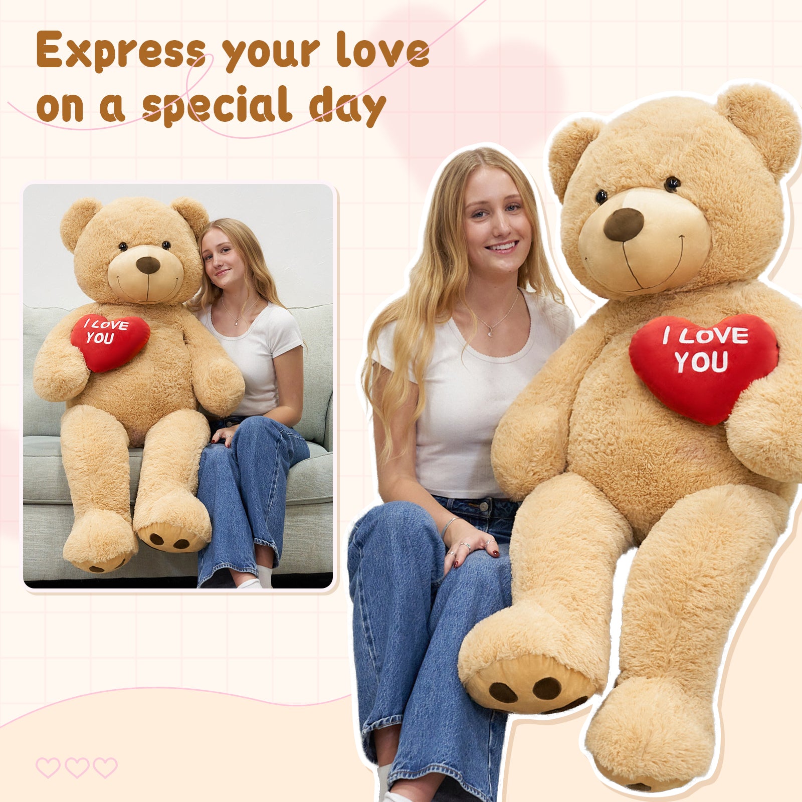 Giant Teddy Bear Plush Toy, Brown/Beige/Pink, 35.4/51/72 Inches
