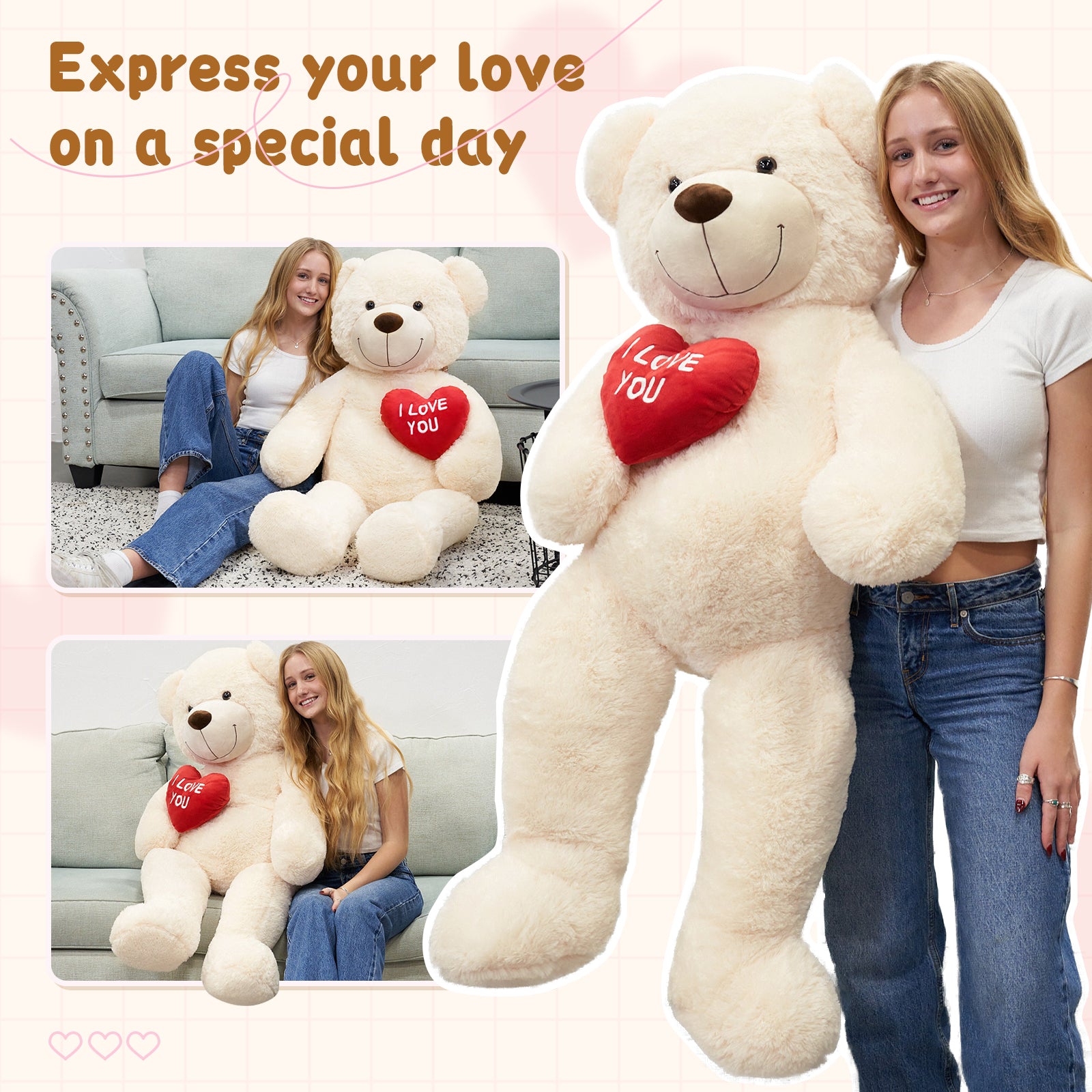 Giant Teddy Bear Plush Toy, Brown/Beige/Pink, 35.4/51/72 Inches