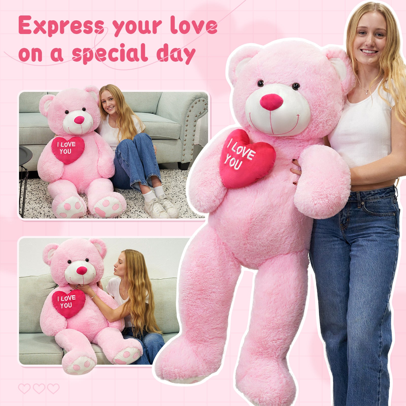 Giant Teddy Bear Plush Toy, Brown/Beige/Pink, 35.4/51/72 Inches