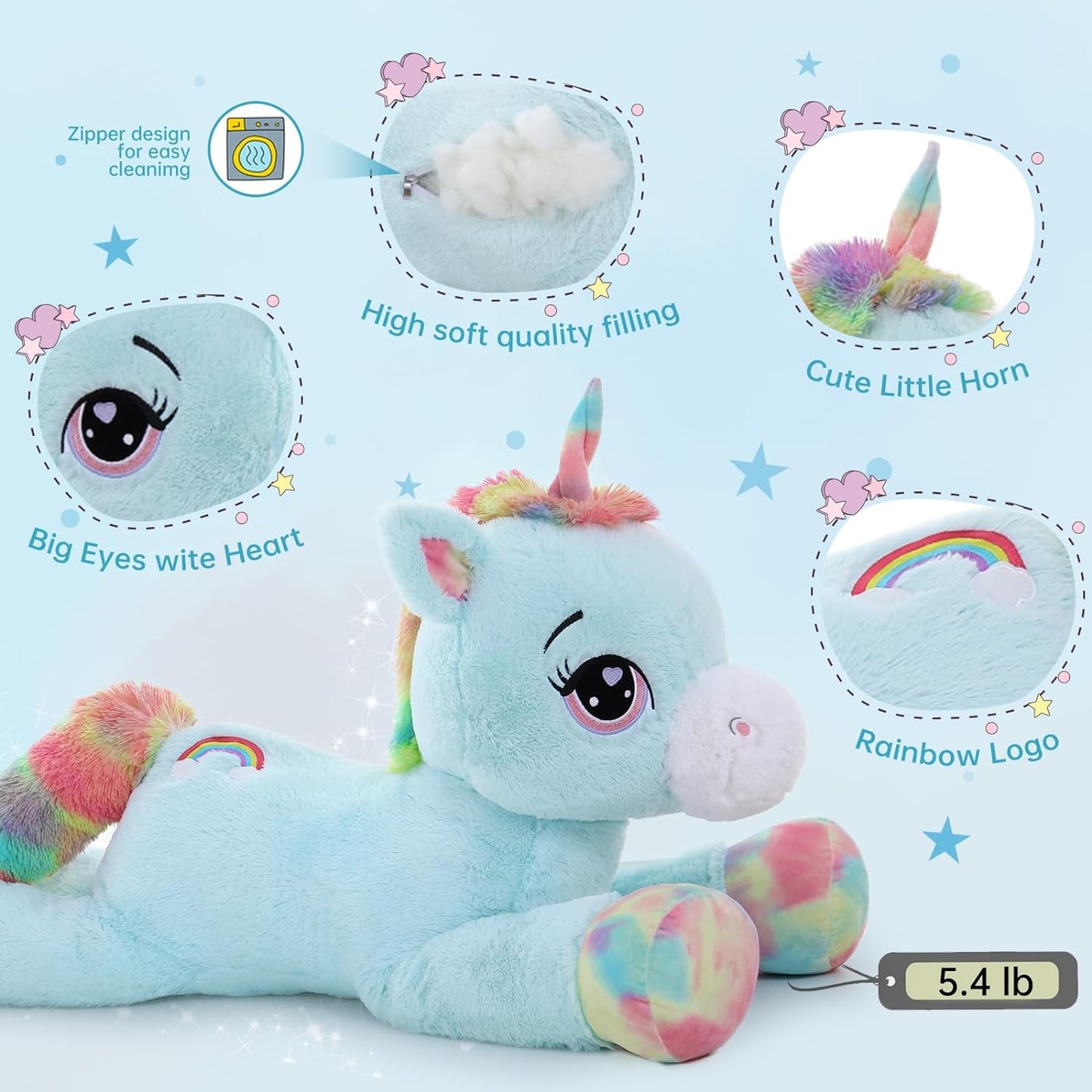 Giant Unicorn Plush Toy, Blue, 43.3 Inches