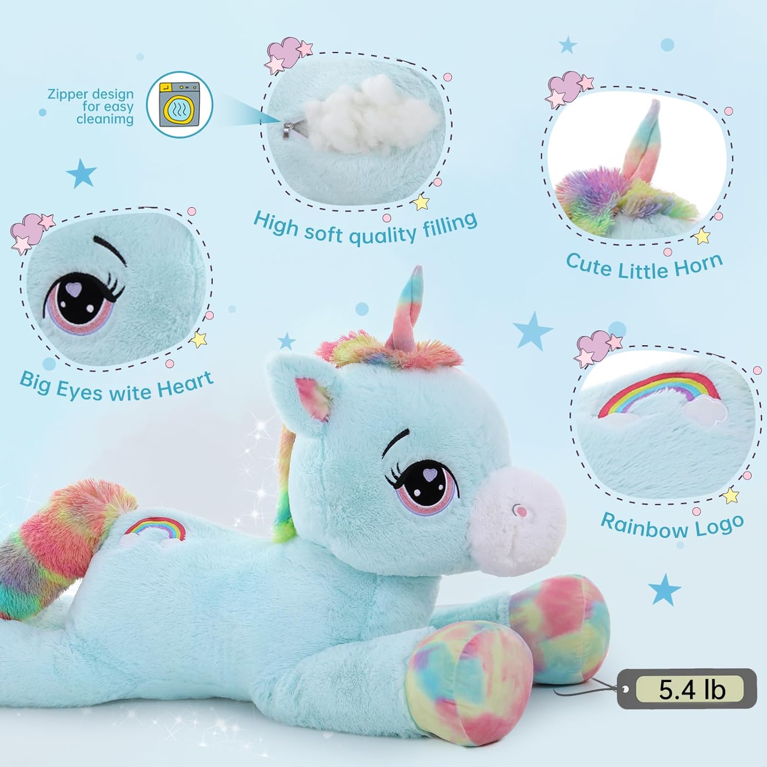 Giant Unicorn Plush Toy, Blue, 43.3 Inches