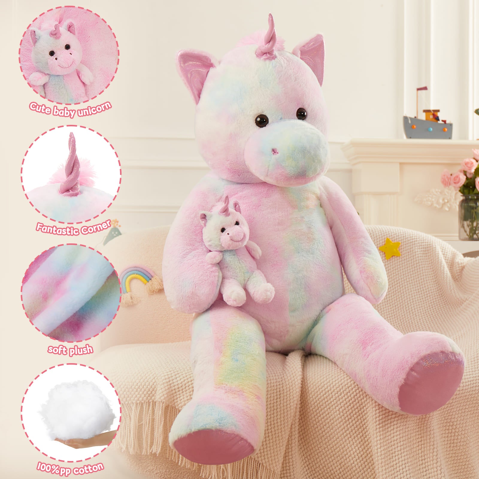 Giant Unicorn Stuffed Animal Toy, Pink, 51 Inches