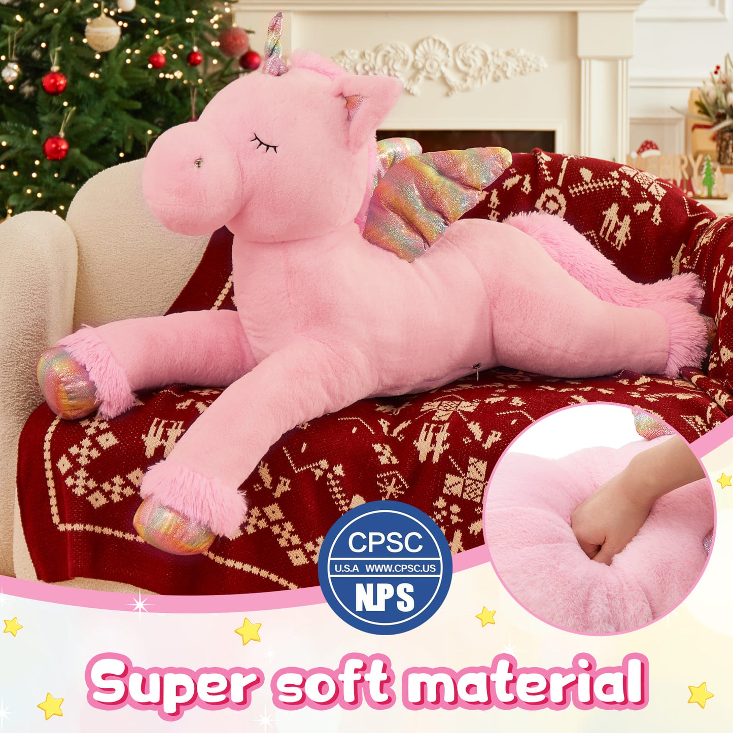 Giant Pink Unicorn Plush Toys - 43 Inches Stuffed Unicorn Toys - Cute Cartoon Unicorn Plush Pillows - Unicorn Plushies with Glittering Wings - Gifts for Girlfriend Girls Boys Kids Birthday Valentine's Day Christmas